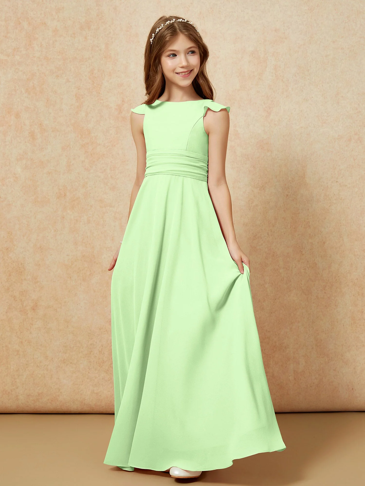 Rundhalsausschnitt Flatterärmel Chiffon Junge Brautjungfernkleider Salbei - Image 3