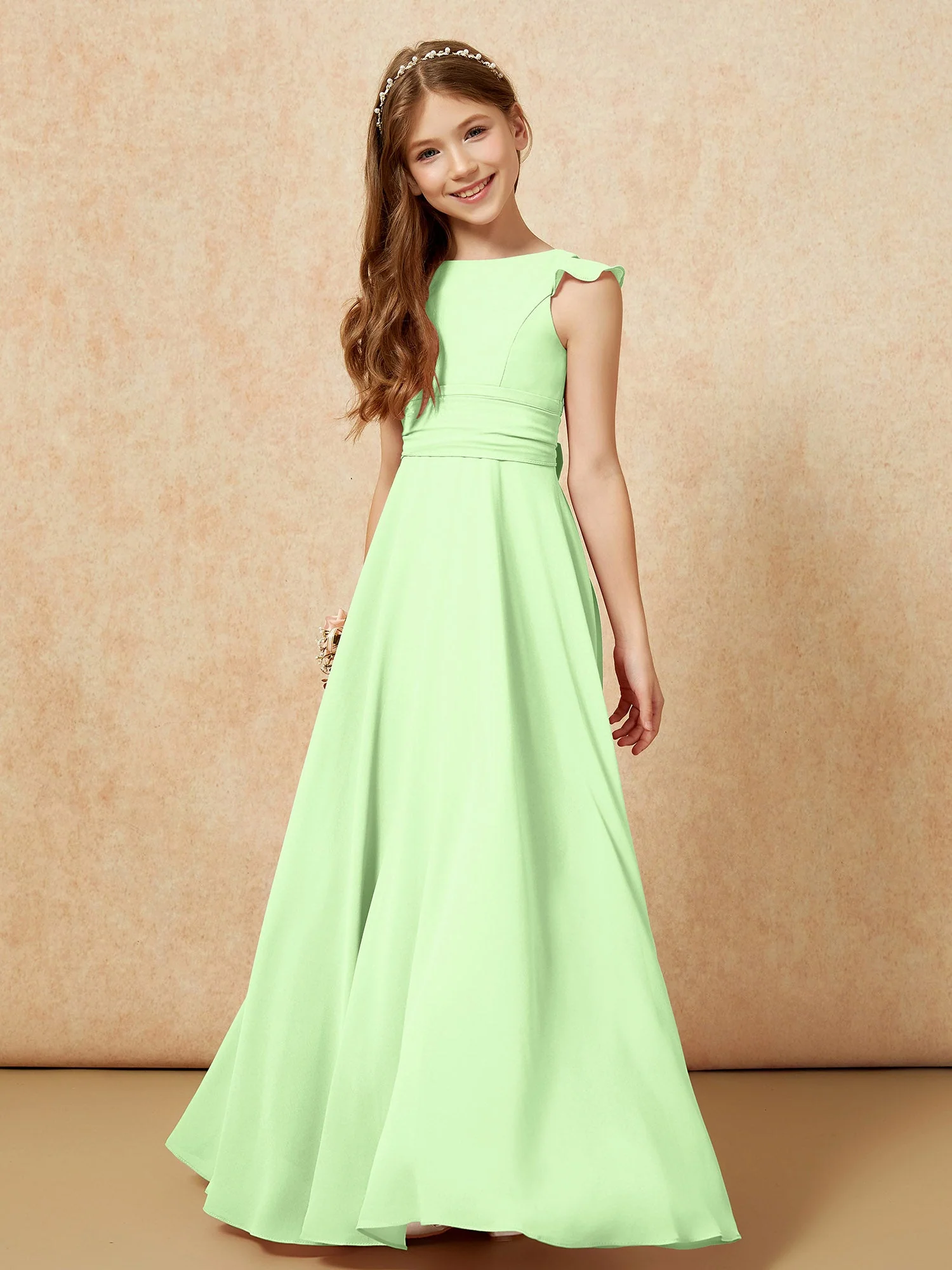 Rundhalsausschnitt Flatterärmel Chiffon Junge Brautjungfernkleider Salbei - Image 4
