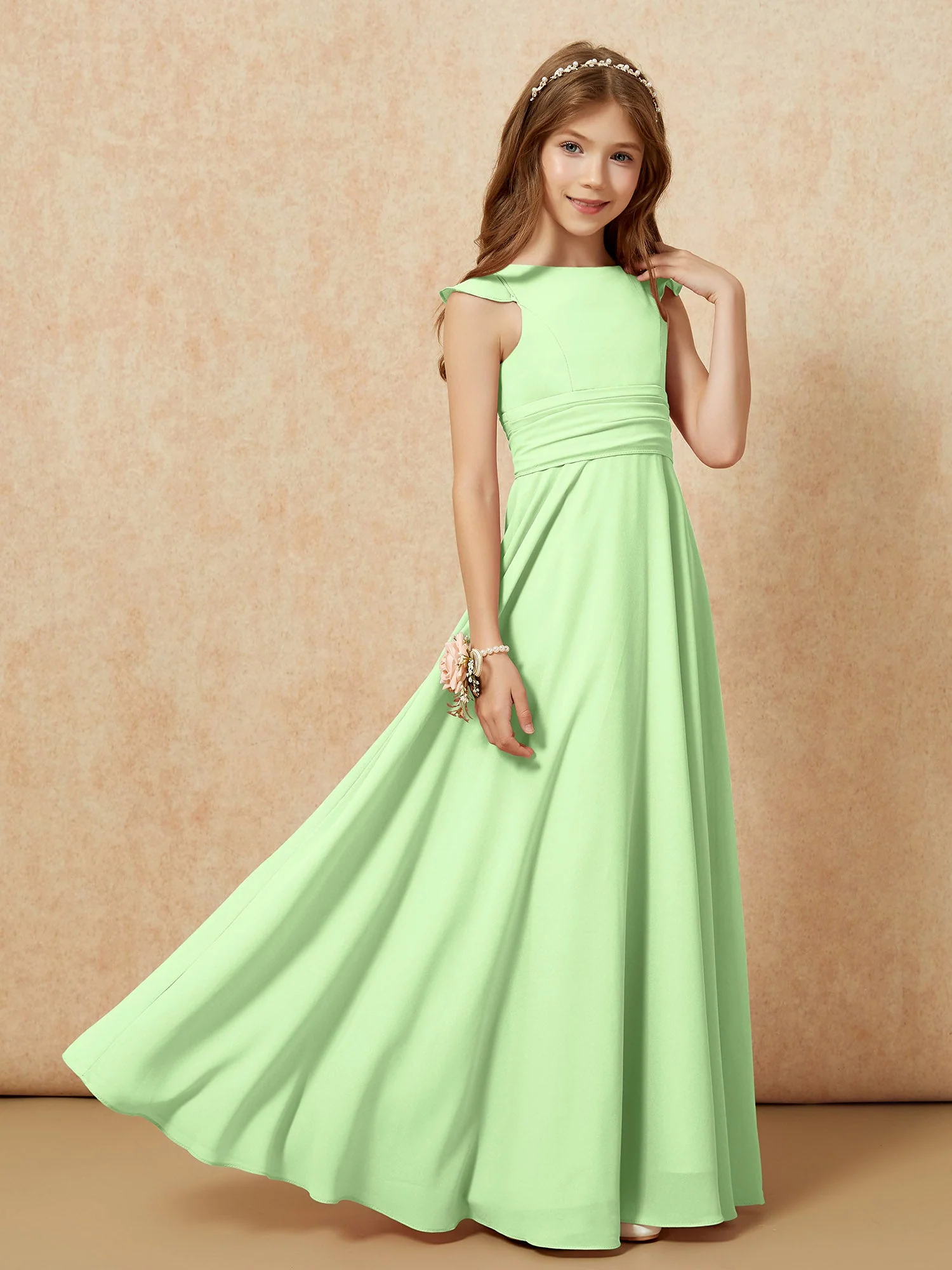 Rundhalsausschnitt Flatterärmel Chiffon Junge Brautjungfernkleider Salbei - Image 7