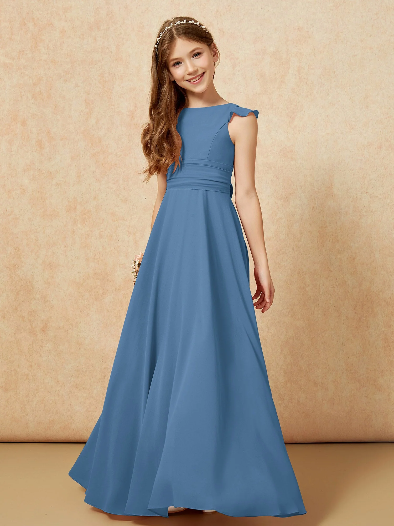 Rundhalsausschnitt Flatterärmel Chiffon Junge Brautjungfernkleider Schiefer Blau - Image 4