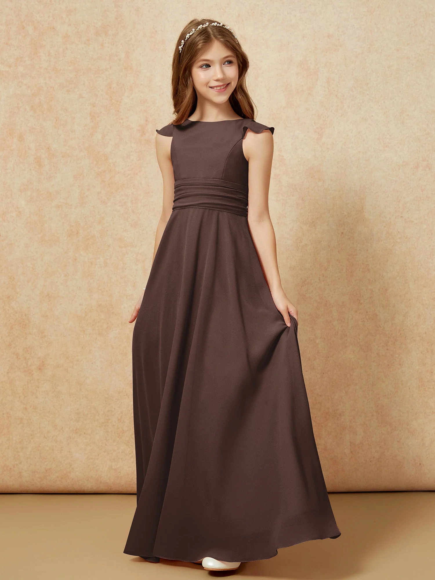 Rundhalsausschnitt Flatterärmel Chiffon Junge Brautjungfernkleider Schokolade - Image 3