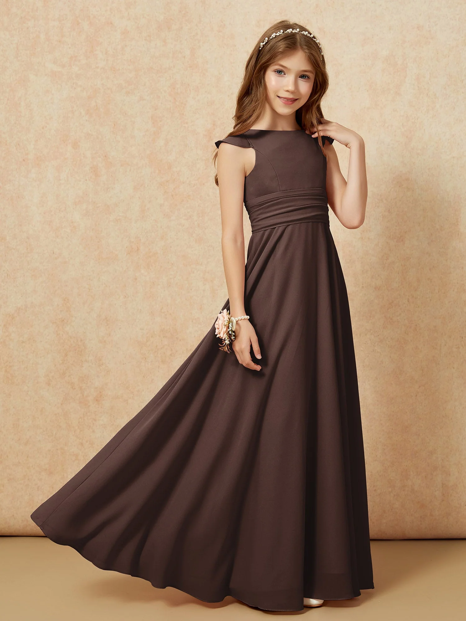 Rundhalsausschnitt Flatterärmel Chiffon Junge Brautjungfernkleider Schokolade - Image 7
