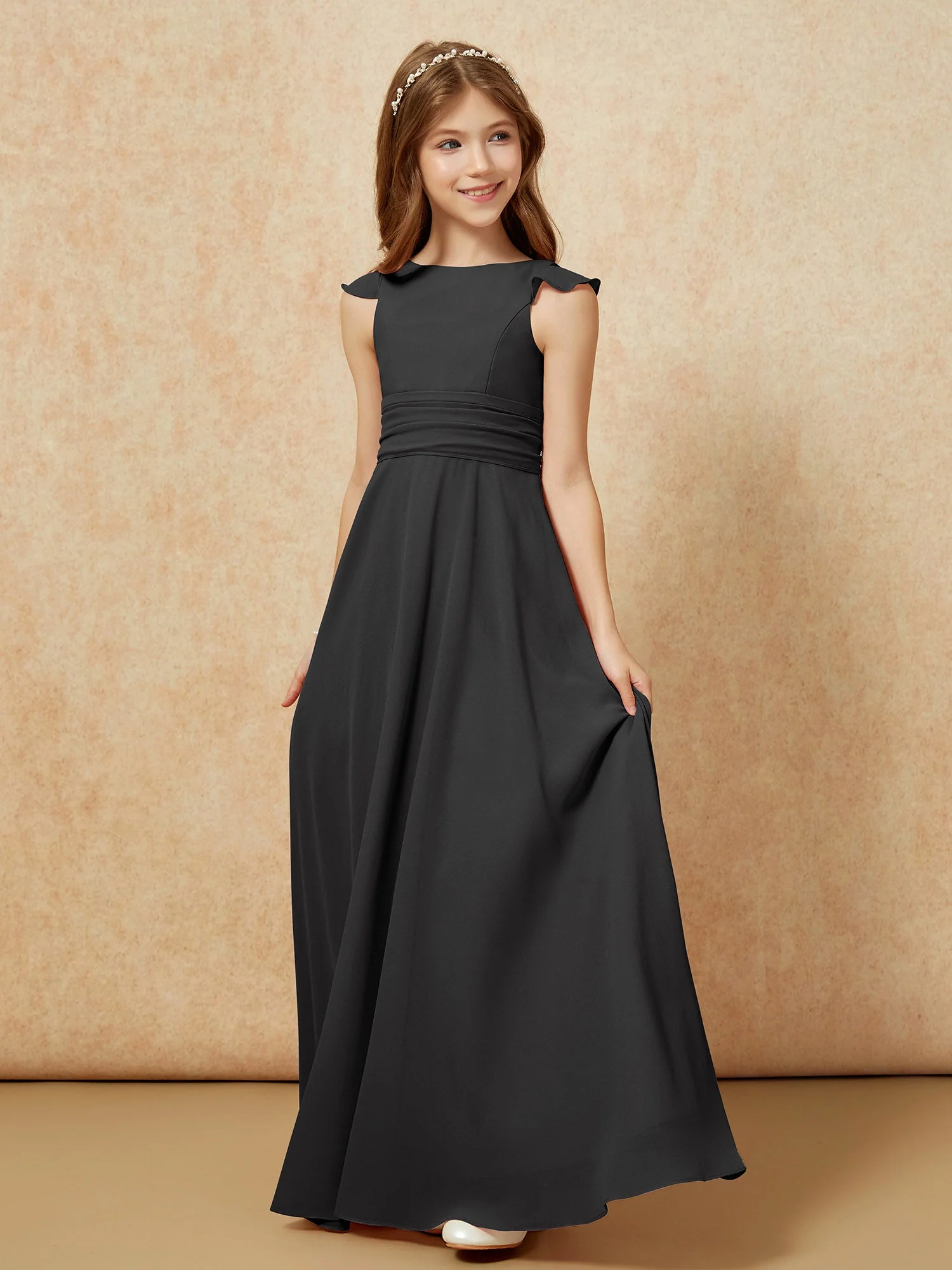Rundhalsausschnitt Flatterärmel Chiffon Junge Brautjungfernkleider Schwarz - Image 3