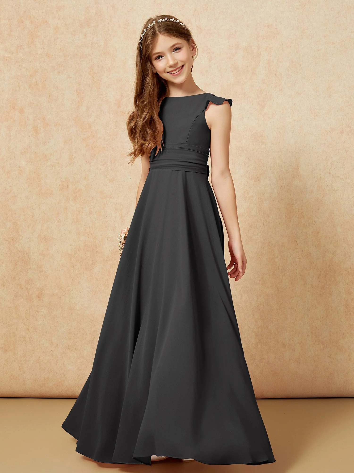 Rundhalsausschnitt Flatterärmel Chiffon Junge Brautjungfernkleider Schwarz - Image 4