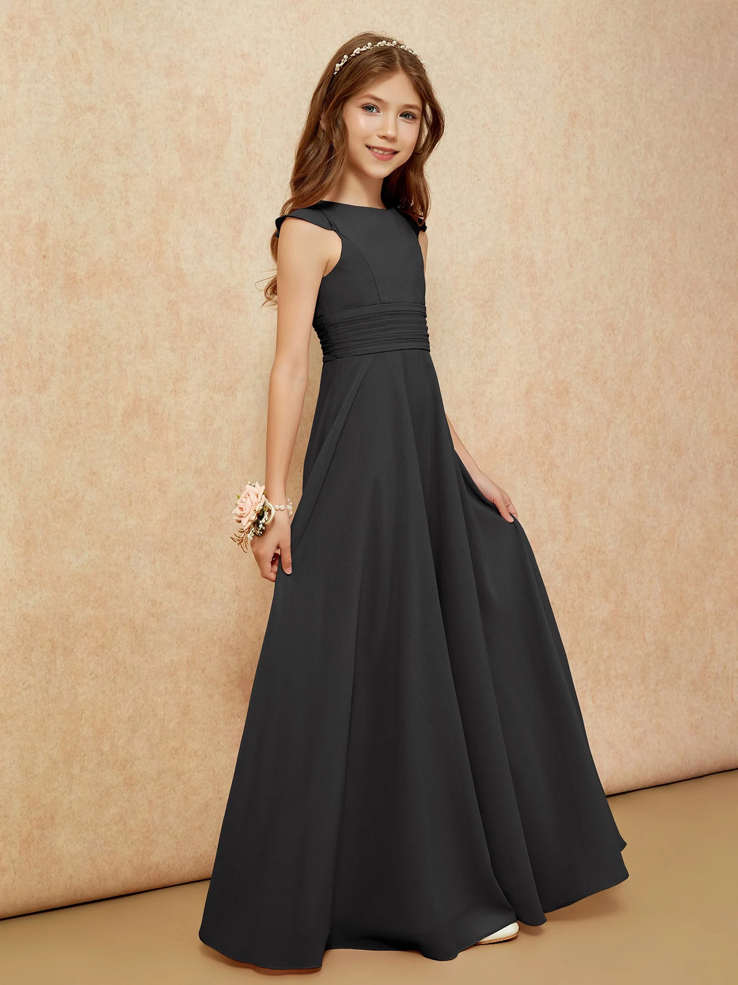 Rundhalsausschnitt Flatterärmel Chiffon Junge Brautjungfernkleider Schwarz - Image 5