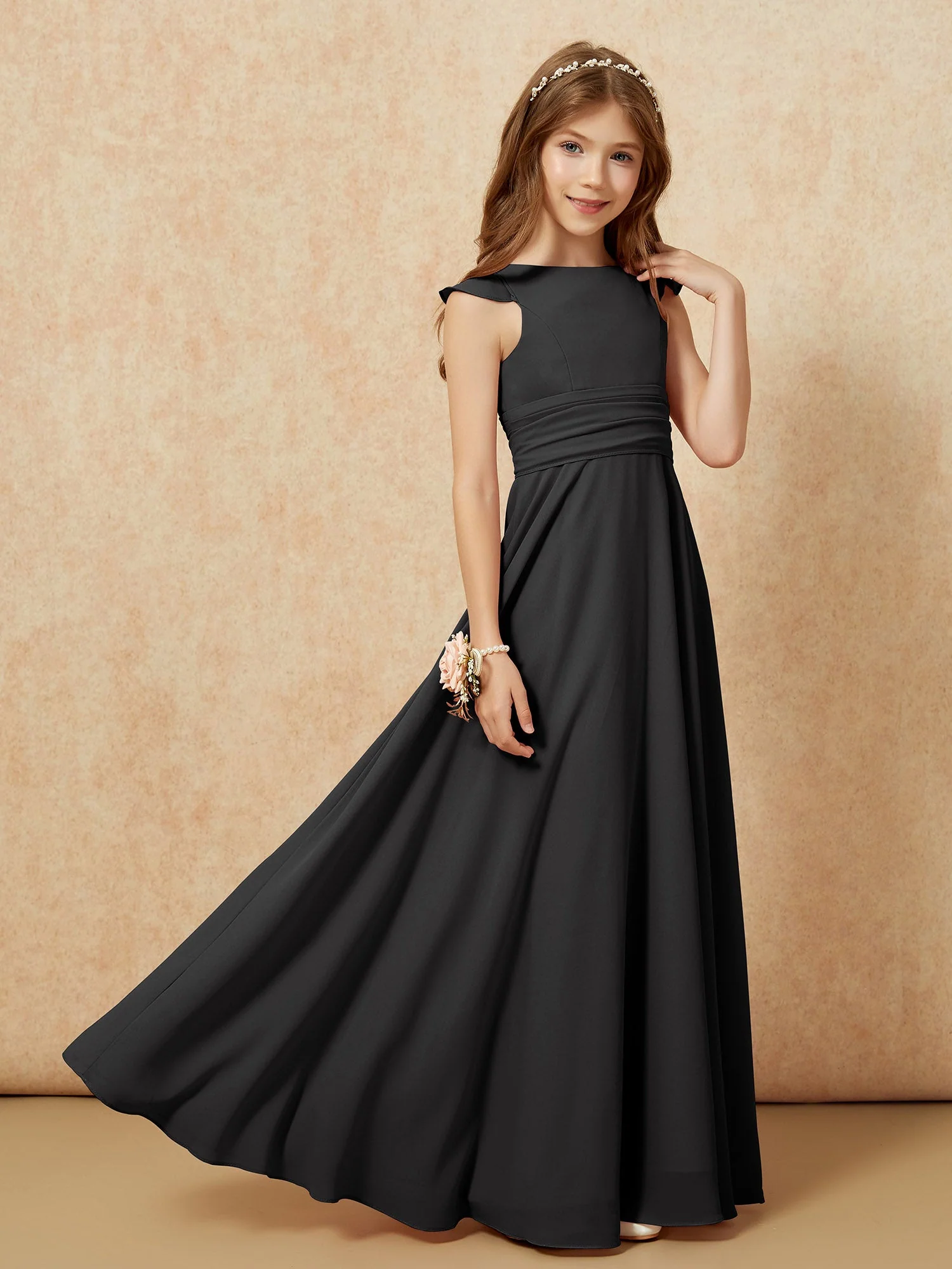 Rundhalsausschnitt Flatterärmel Chiffon Junge Brautjungfernkleider Schwarz - Image 7