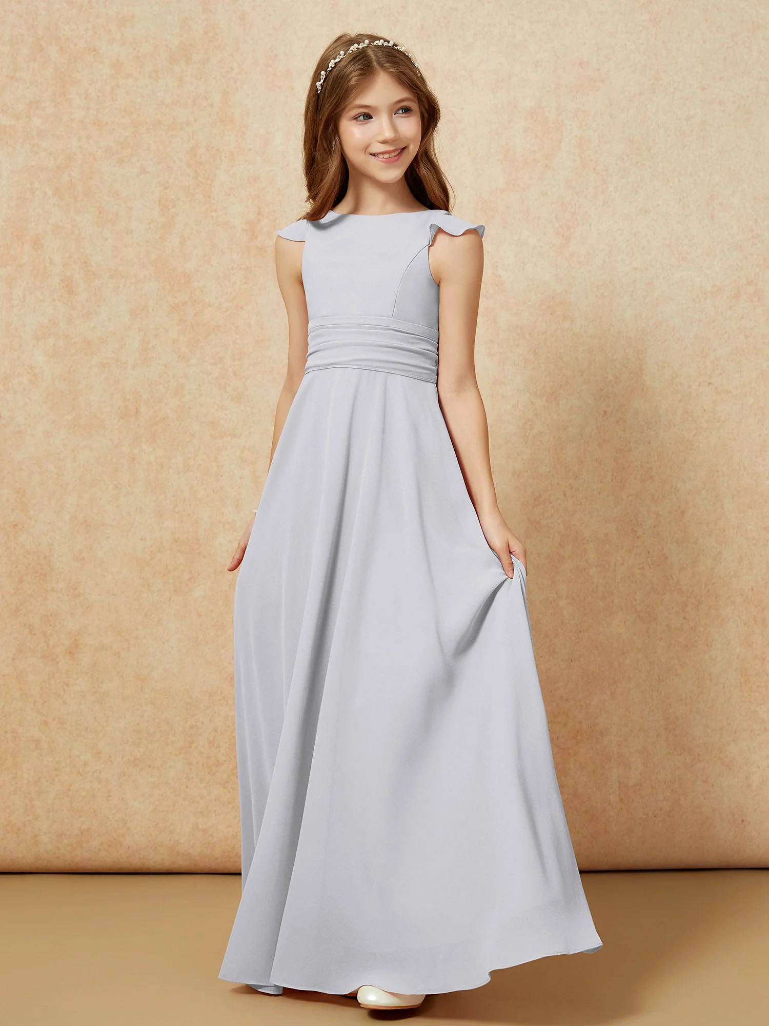 Rundhalsausschnitt Flatterärmel Chiffon Junge Brautjungfernkleider Silber - Image 3