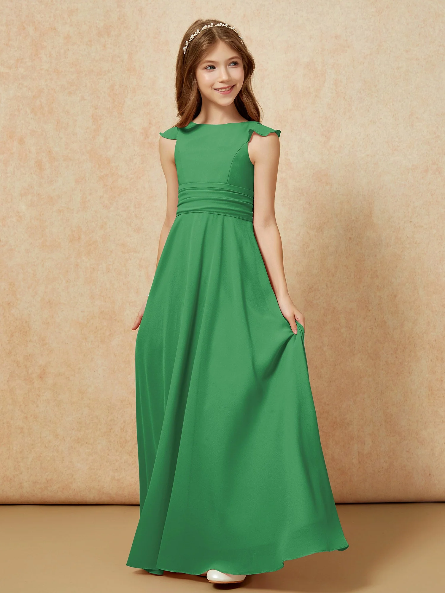 Rundhalsausschnitt Flatterärmel Chiffon Junge Brautjungfernkleider Smaragd - Image 3