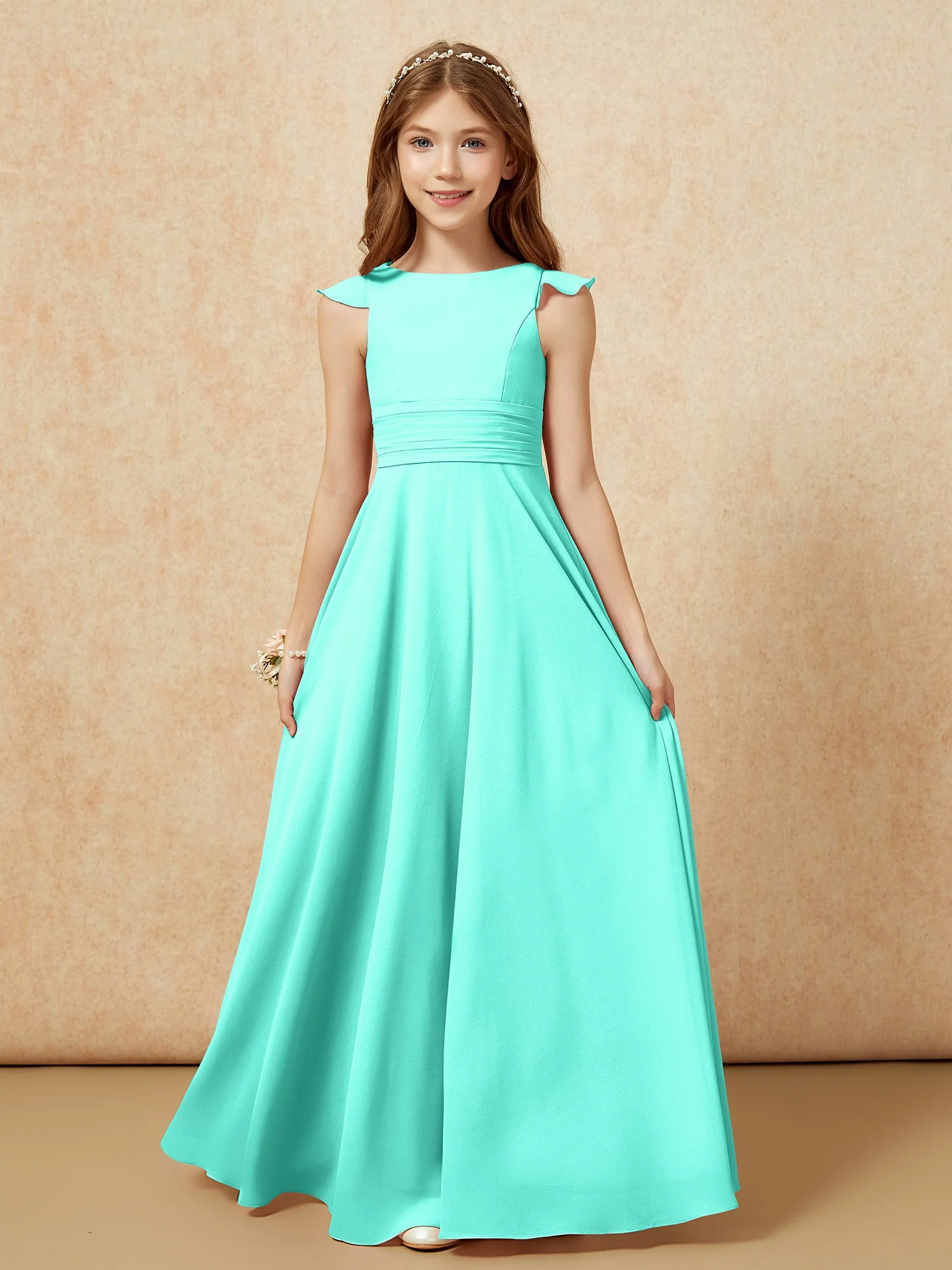 Rundhalsausschnitt Flatterärmel Chiffon Junge Brautjungfernkleider Spa