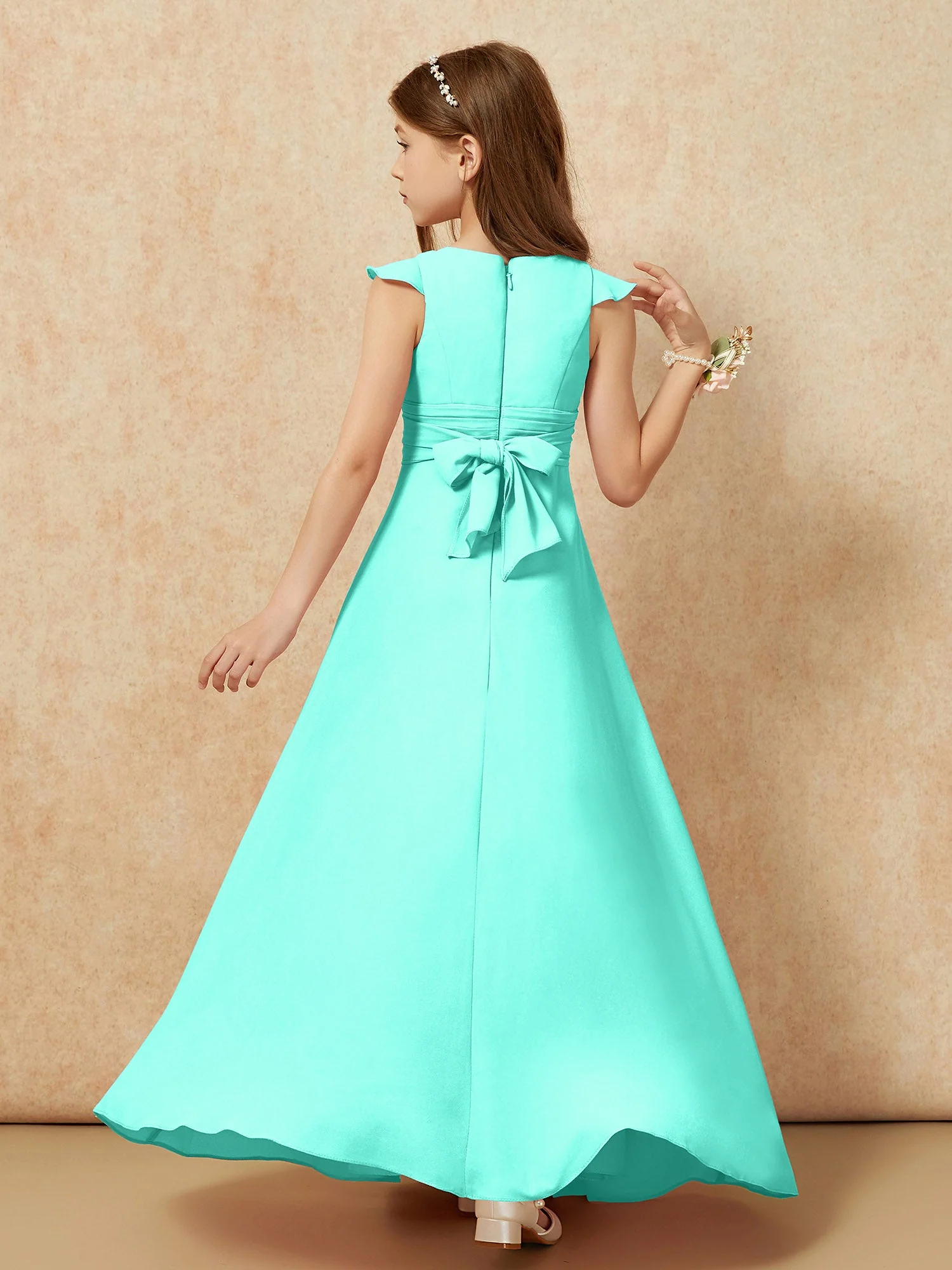 Rundhalsausschnitt Flatterärmel Chiffon Junge Brautjungfernkleider Spa - Image 2