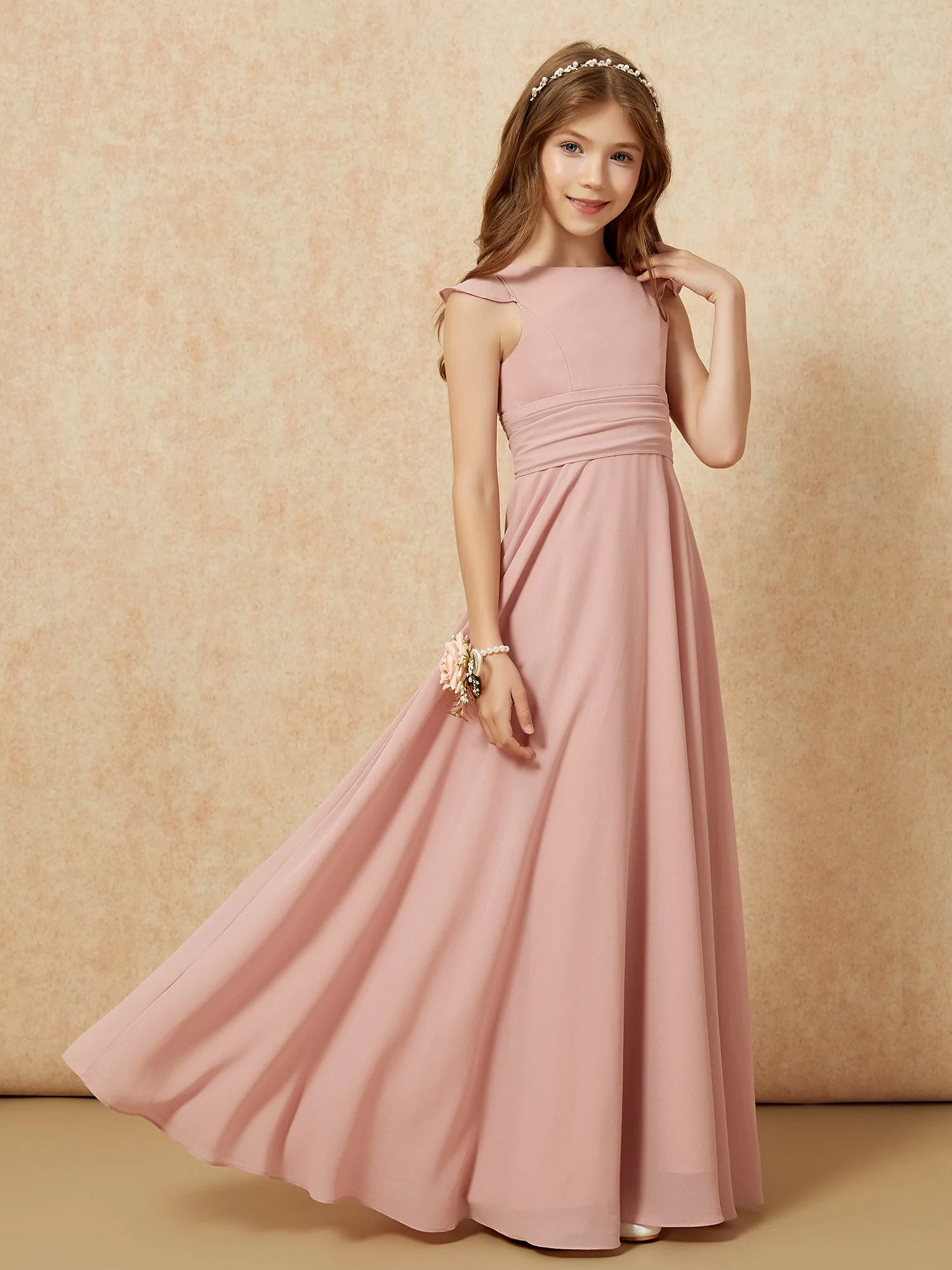 Rundhalsausschnitt FlatterÀrmel Chiffon Junge Brautjungfernkleider Staubige Rosa - Image 7