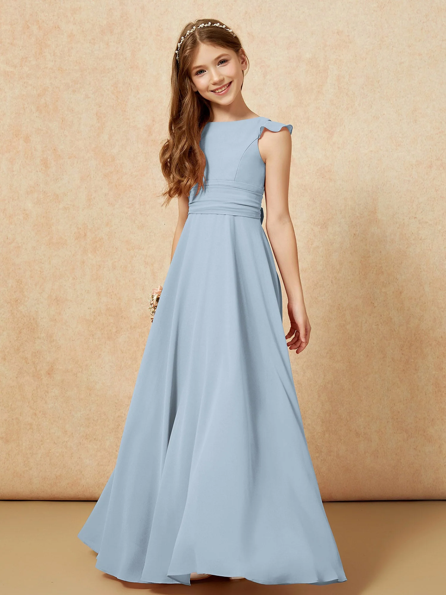 Rundhalsausschnitt Flatterärmel Chiffon Junge Brautjungfernkleider Staubiges Blau - Image 4