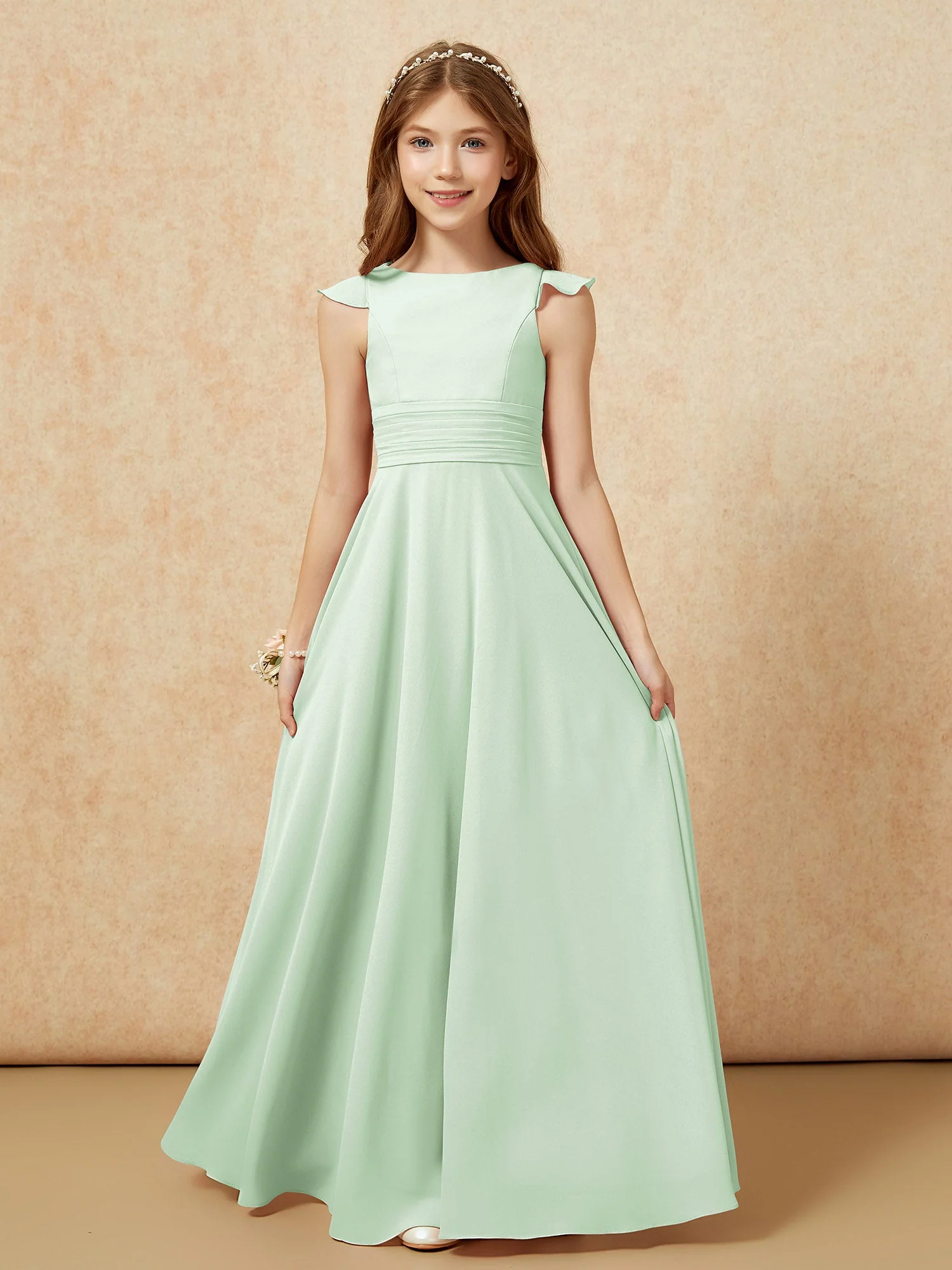 Rundhalsausschnitt Flatterärmel Chiffon Junge Brautjungfernkleider Staubiges Salbei