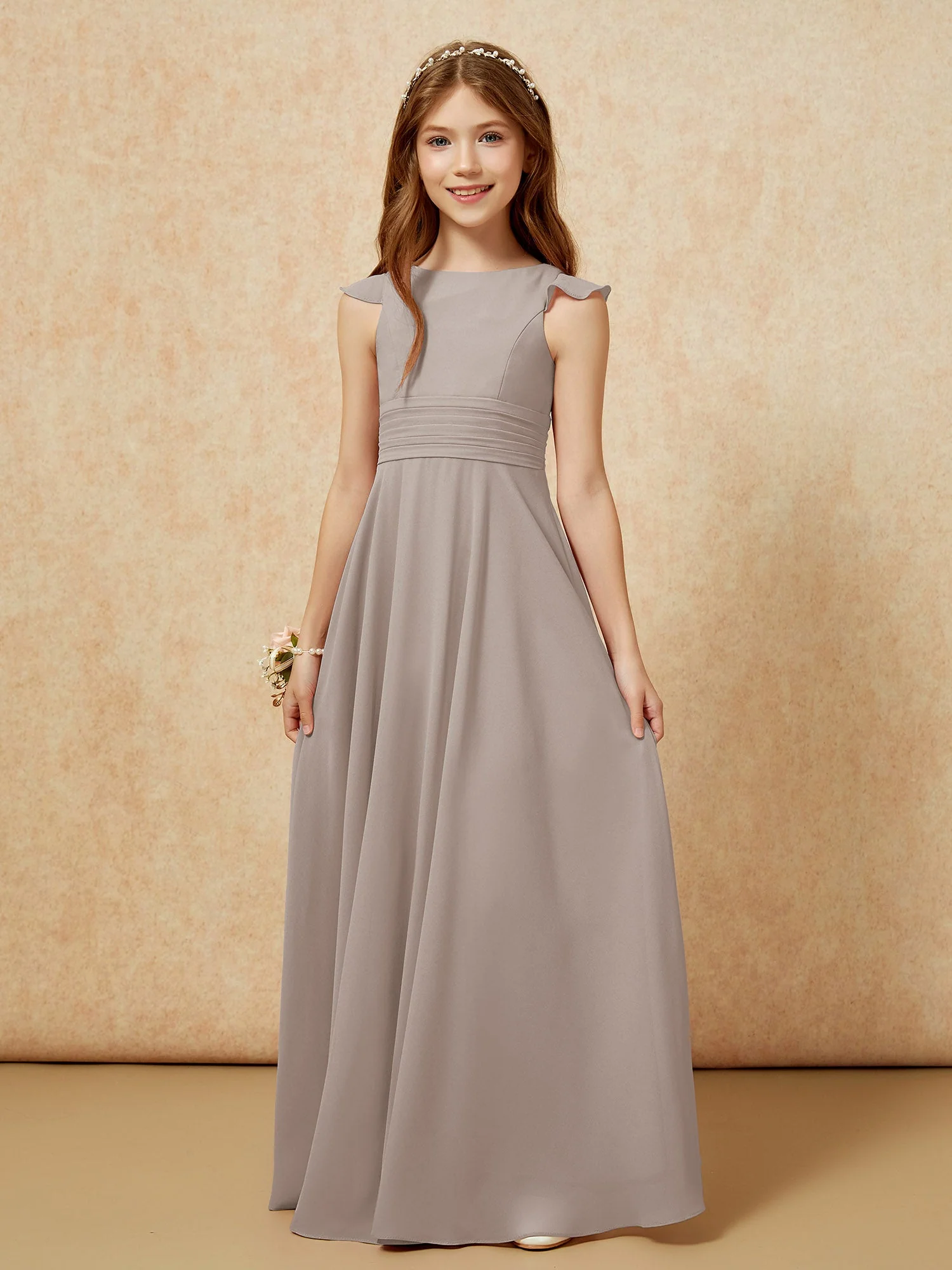 Rundhalsausschnitt Flatterärmel Chiffon Junge Brautjungfernkleider Taupe - Image 6