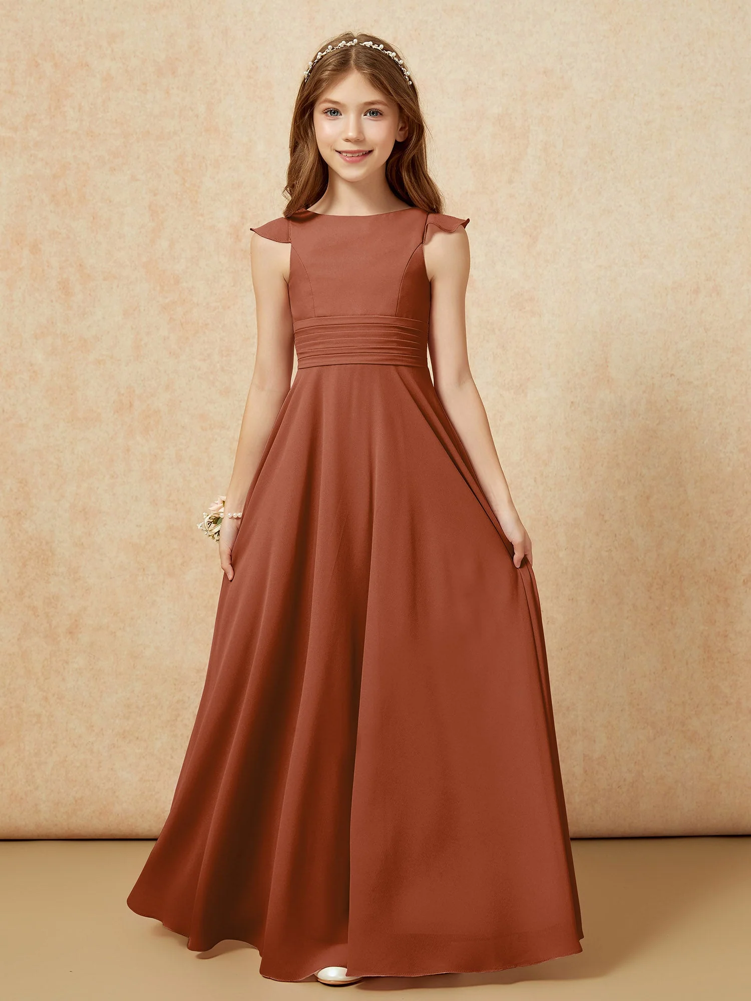 Rundhalsausschnitt Flatterärmel Chiffon Junge Brautjungfernkleider Terrakotta
