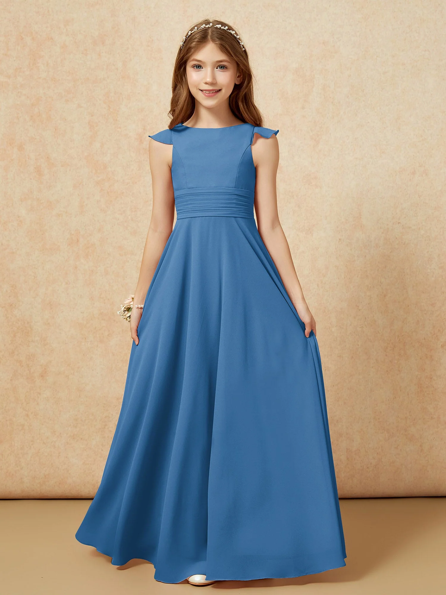 Rundhalsausschnitt Flatterärmel Chiffon Junge Brautjungfernkleider Tinte Blau