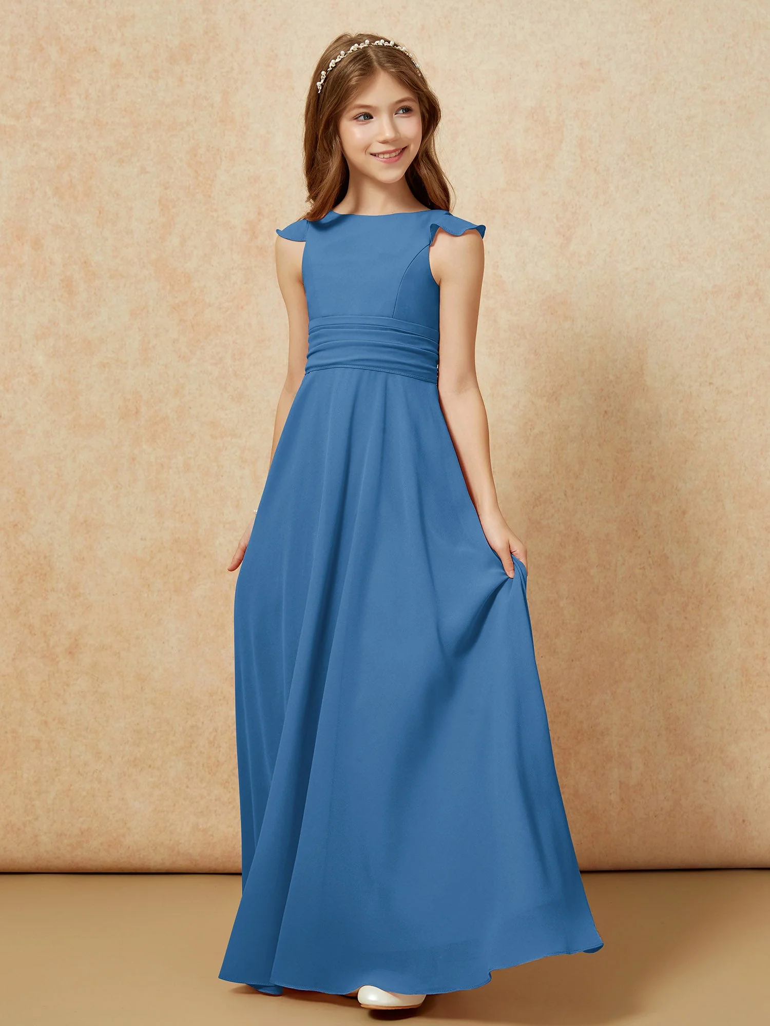 Rundhalsausschnitt Flatterärmel Chiffon Junge Brautjungfernkleider Tinte Blau - Image 3