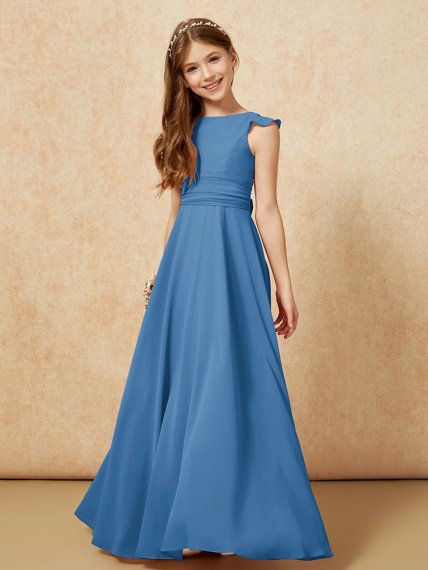 Rundhalsausschnitt Flatterärmel Chiffon Junge Brautjungfernkleider Tinte Blau - Image 4