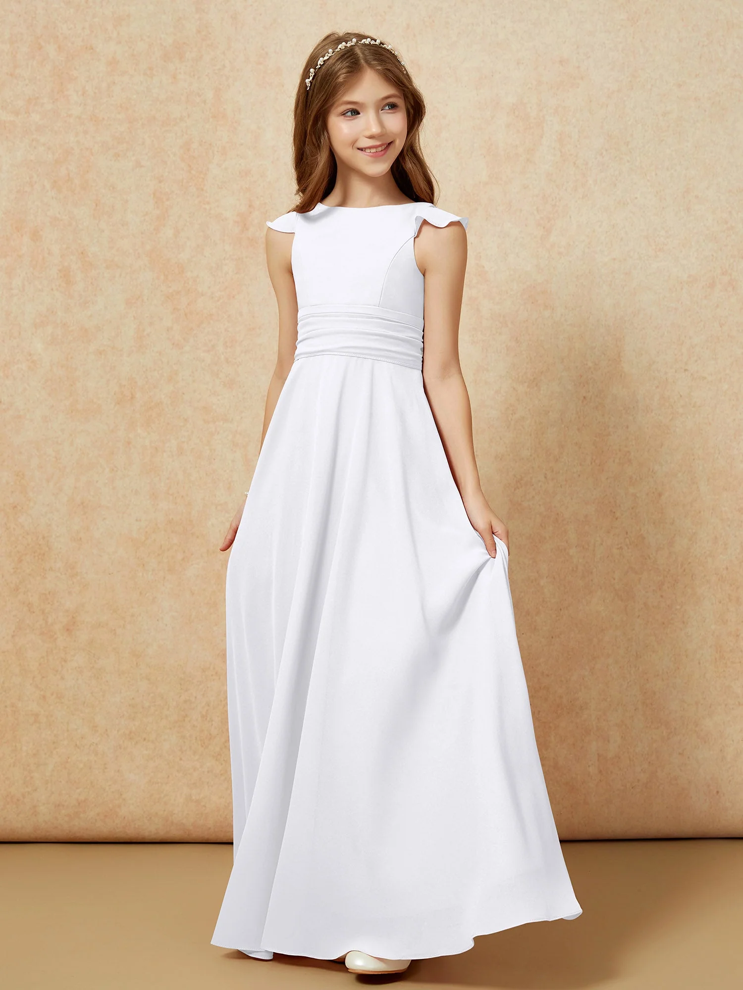 Rundhalsausschnitt Flatterärmel Chiffon Junge Brautjungfernkleider Weiß - Image 3