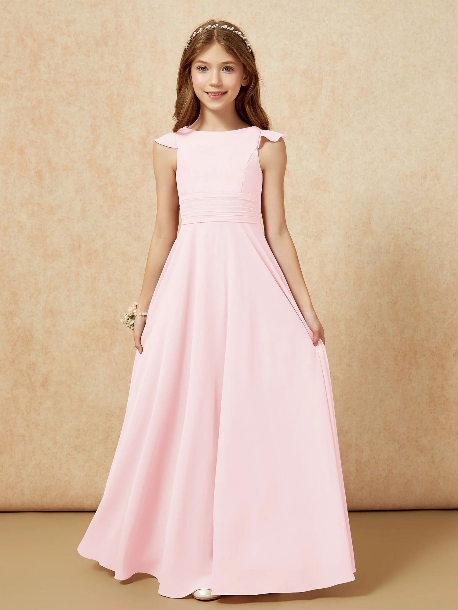 Rundhalsausschnitt Flatterärmel Chiffon Junge Brautjungfernkleider Zartrosa