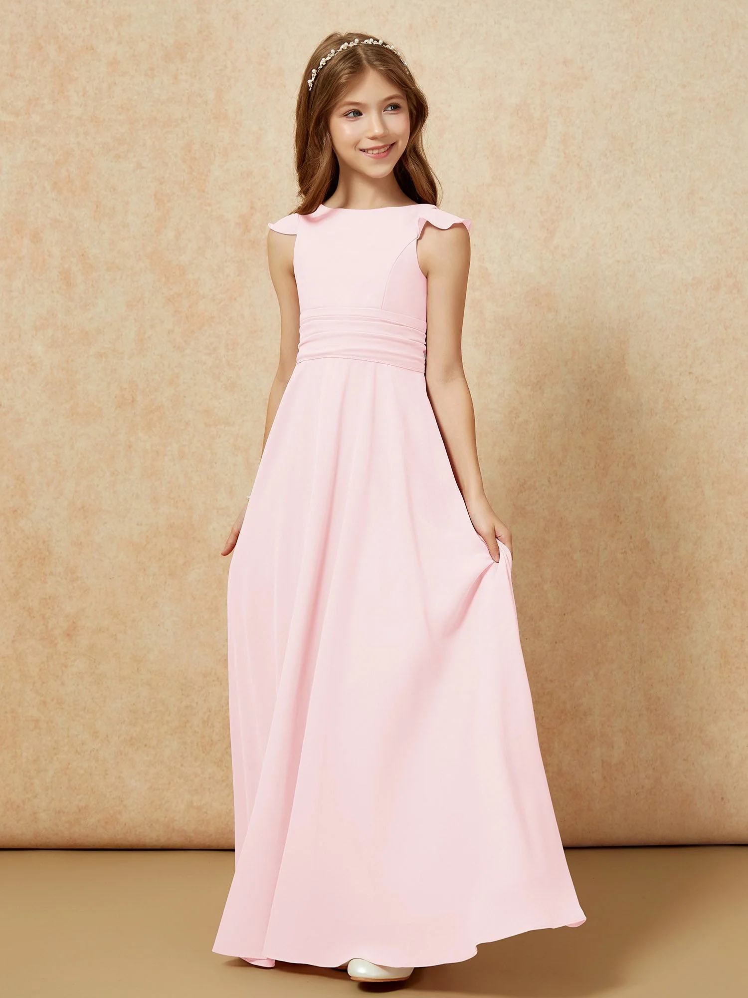 Rundhalsausschnitt Flatterärmel Chiffon Junge Brautjungfernkleider Zartrosa - Image 3