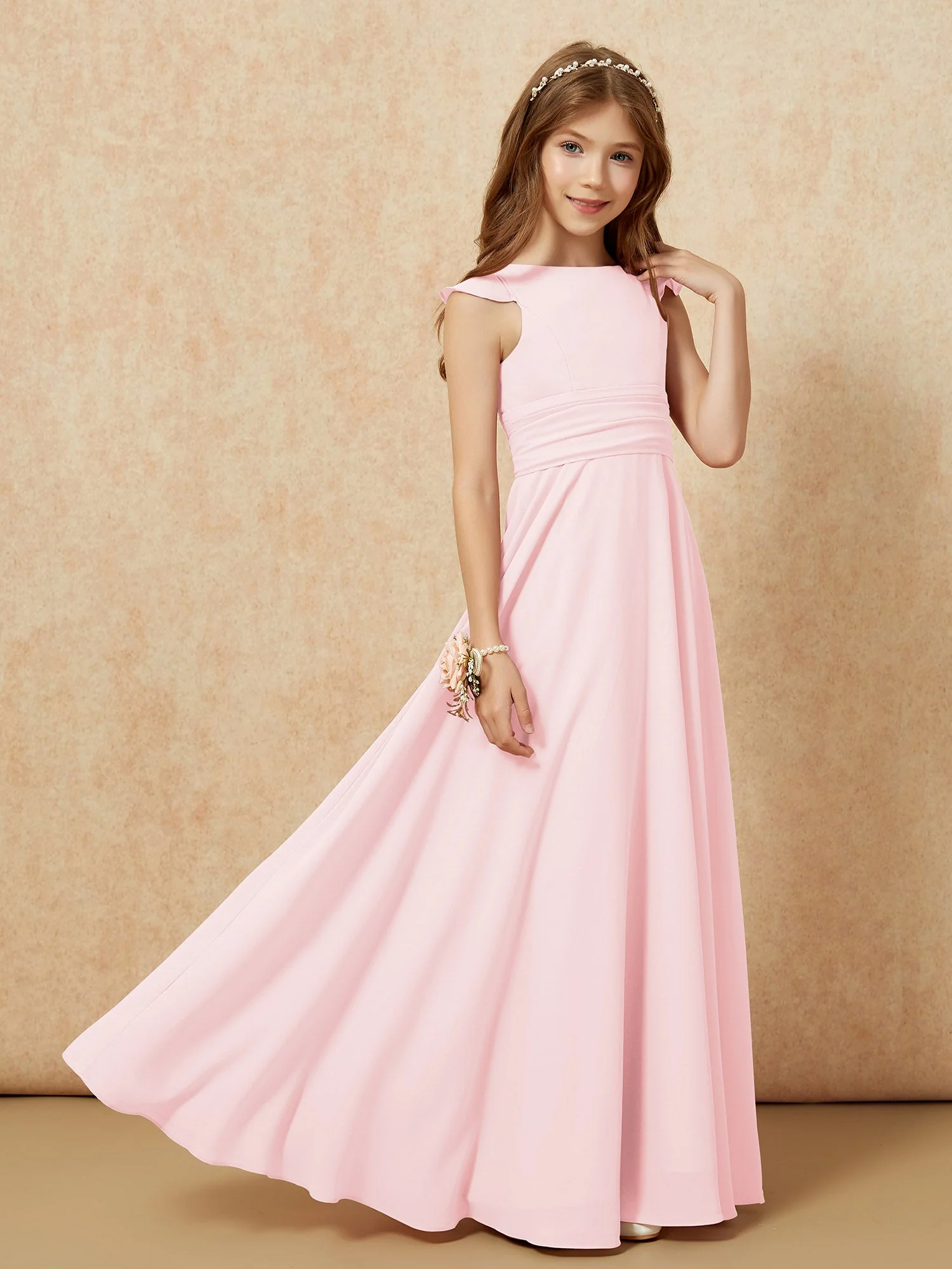 Rundhalsausschnitt Flatterärmel Chiffon Junge Brautjungfernkleider Zartrosa - Image 7