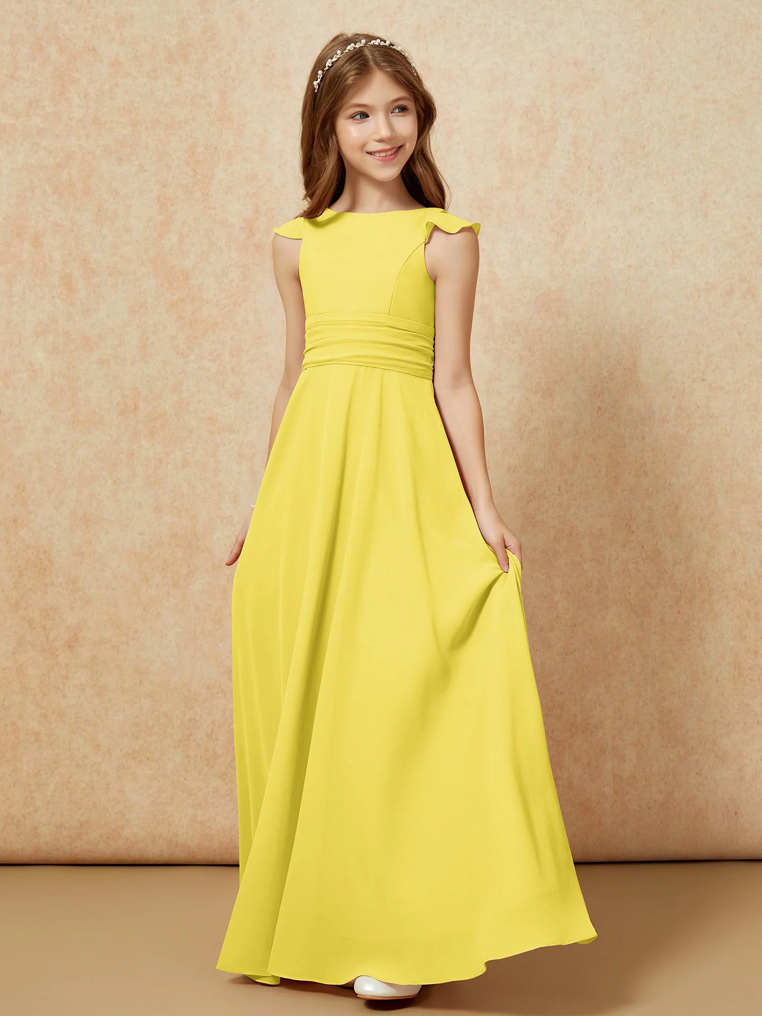 Rundhalsausschnitt Flatterärmel Chiffon Junge Brautjungfernkleider Zitrone - Image 3