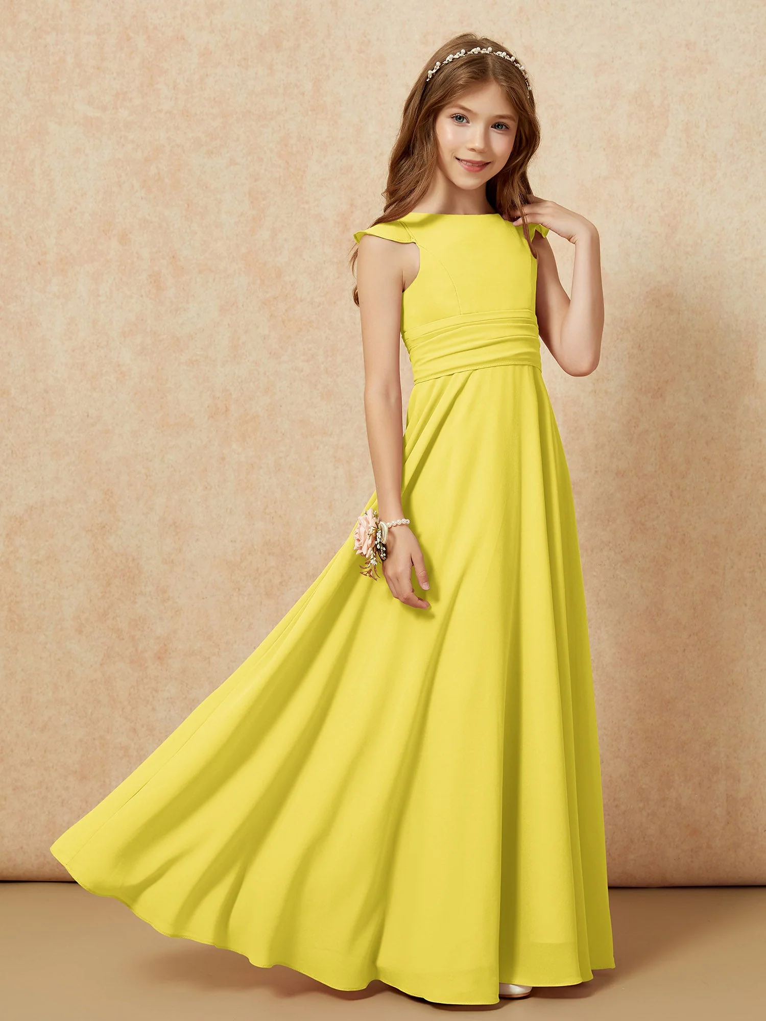 Rundhalsausschnitt Flatterärmel Chiffon Junge Brautjungfernkleider Zitrone - Image 7