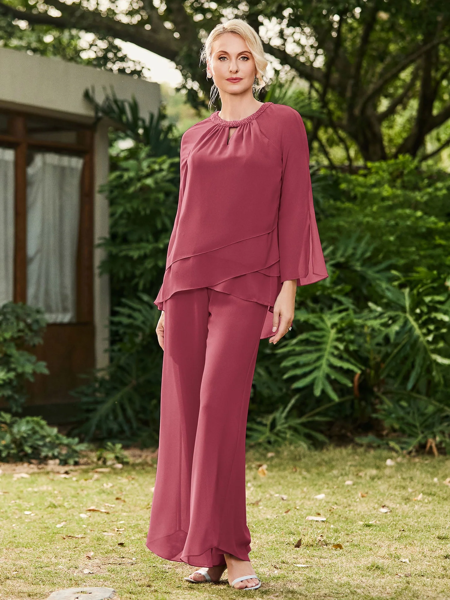 Rundhalsausschnitt Langarm Chiffon Top Oberteil und Hose Set Zimtrose - Image 3
