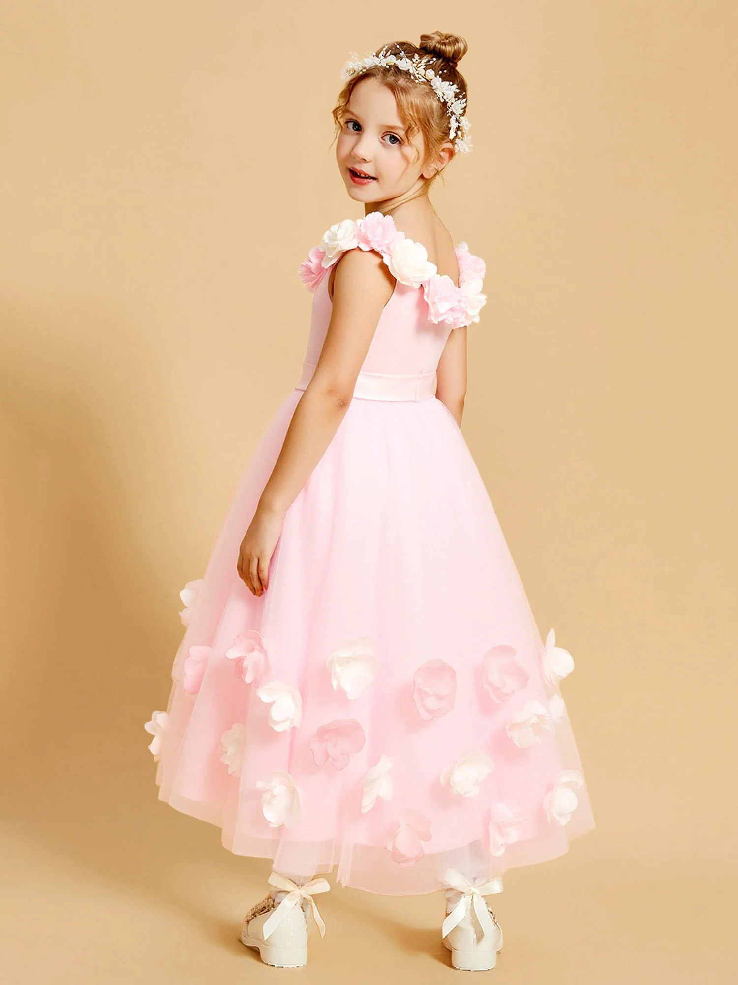 3D Blumen Verschönerung Tüll Lang Blumenmädchen Kleid Zartrosa - Image 2