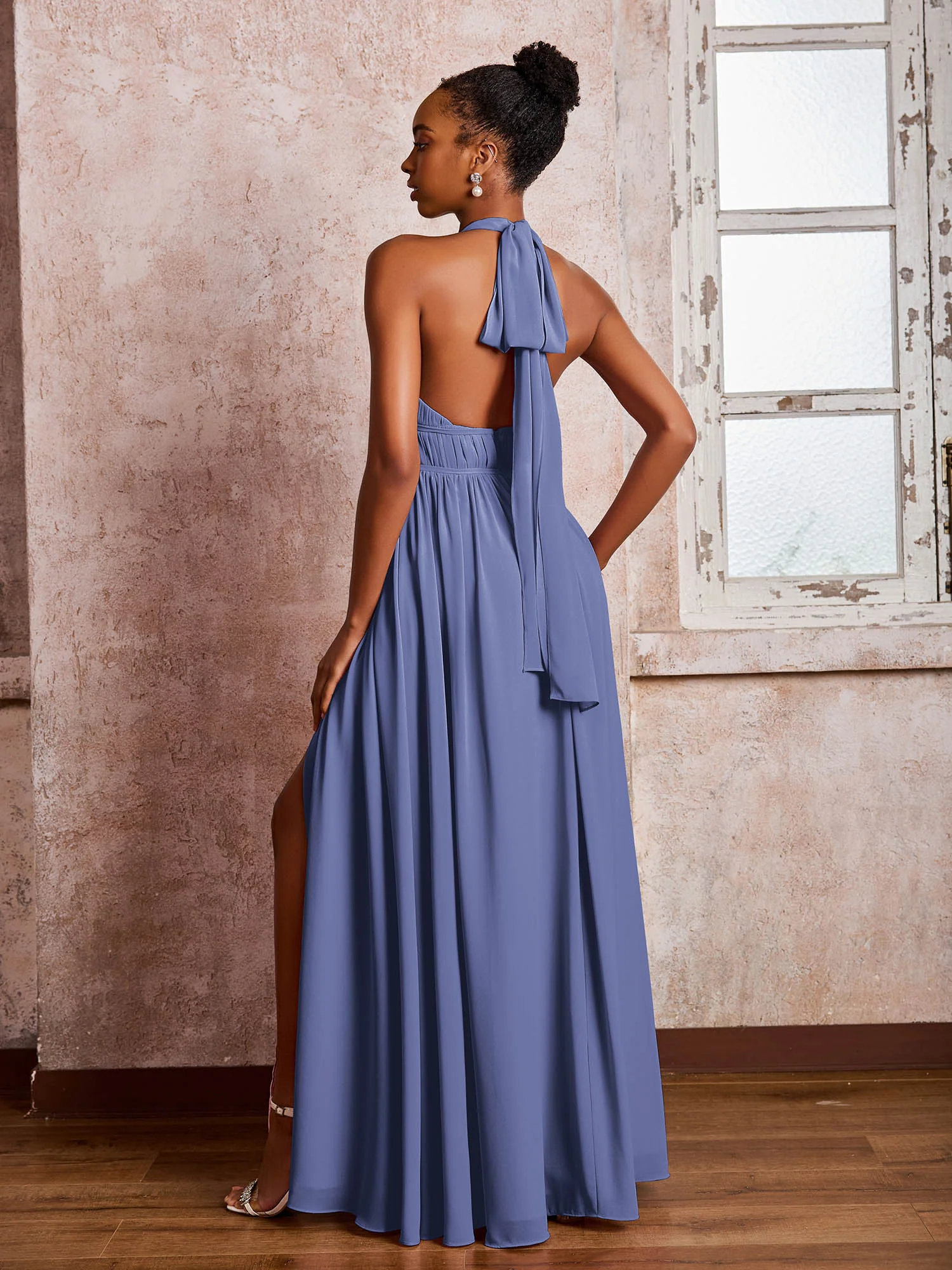 Rüschen Halshalter Chiffon Maxi Kleider mit Schlitz Periwinkleblau - Image 2