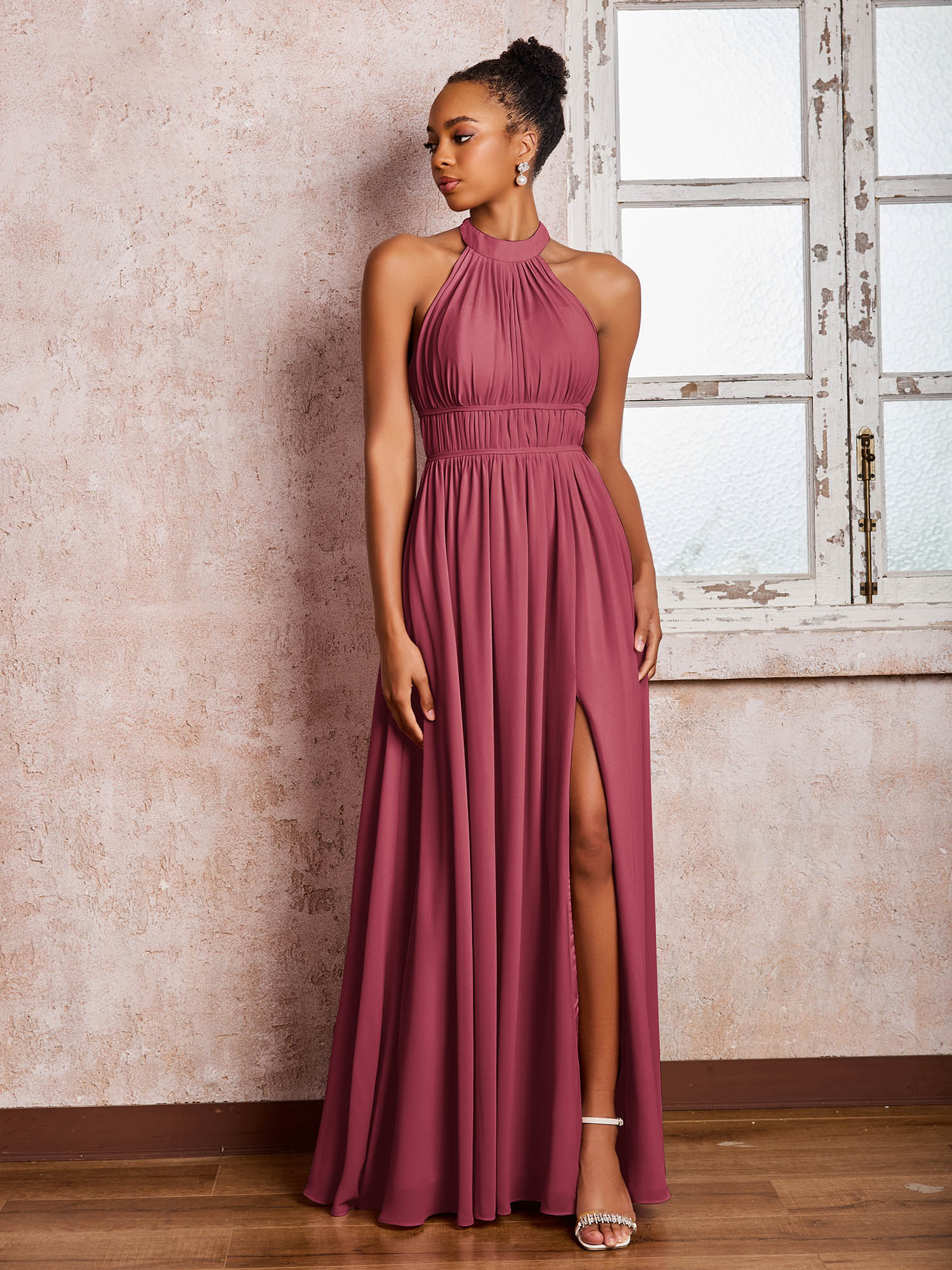 Rüschen Halshalter Chiffon Maxi Kleider mit Schlitz Zimtrose