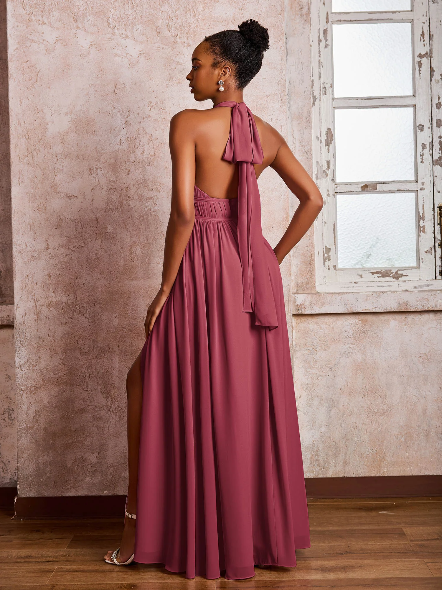 Rüschen Halshalter Chiffon Maxi Kleider mit Schlitz Zimtrose - Image 2