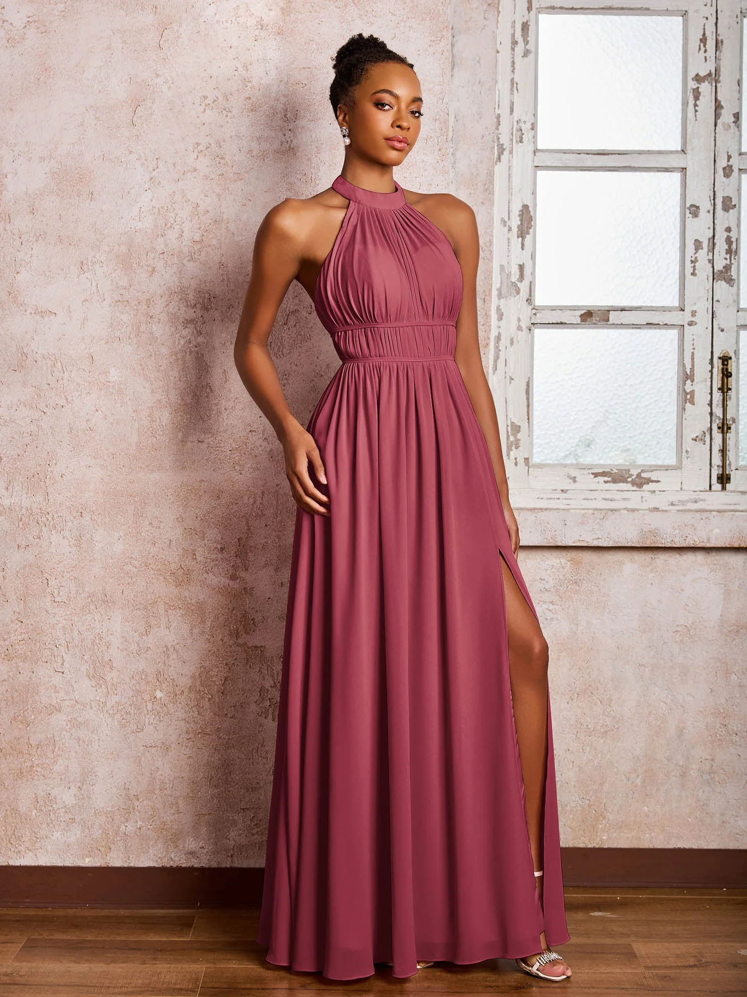 Rüschen Halshalter Chiffon Maxi Kleider mit Schlitz Zimtrose - Image 3