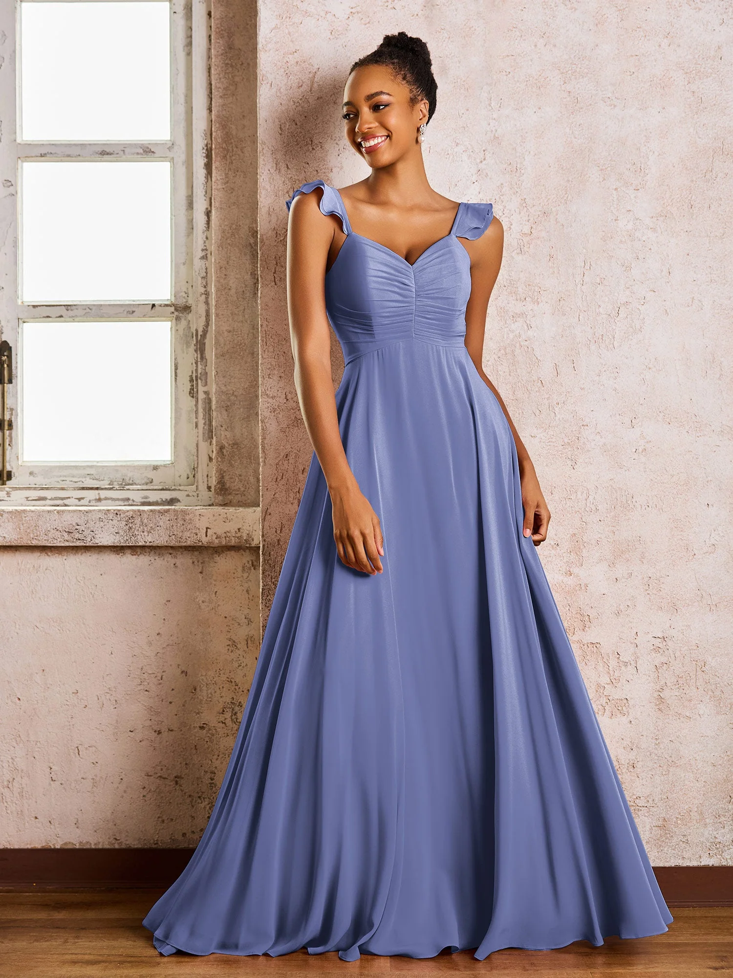 Rüschen Träger Ärmellos A-Linie Chiffon Brautjungfernkleider Periwinkleblau