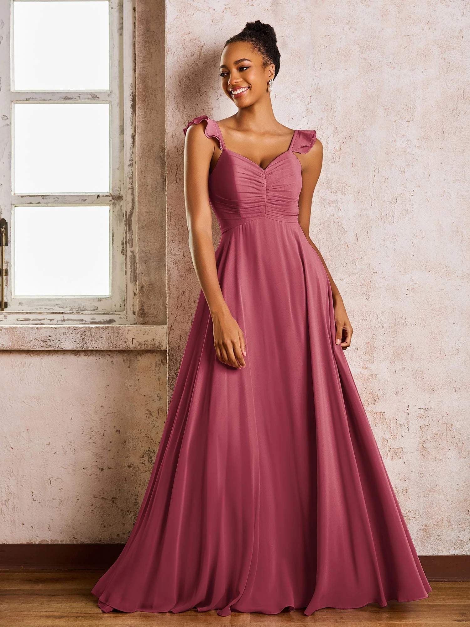 Rüschen Träger Ärmellos A-Linie Chiffon Brautjungfernkleider Zimtrose