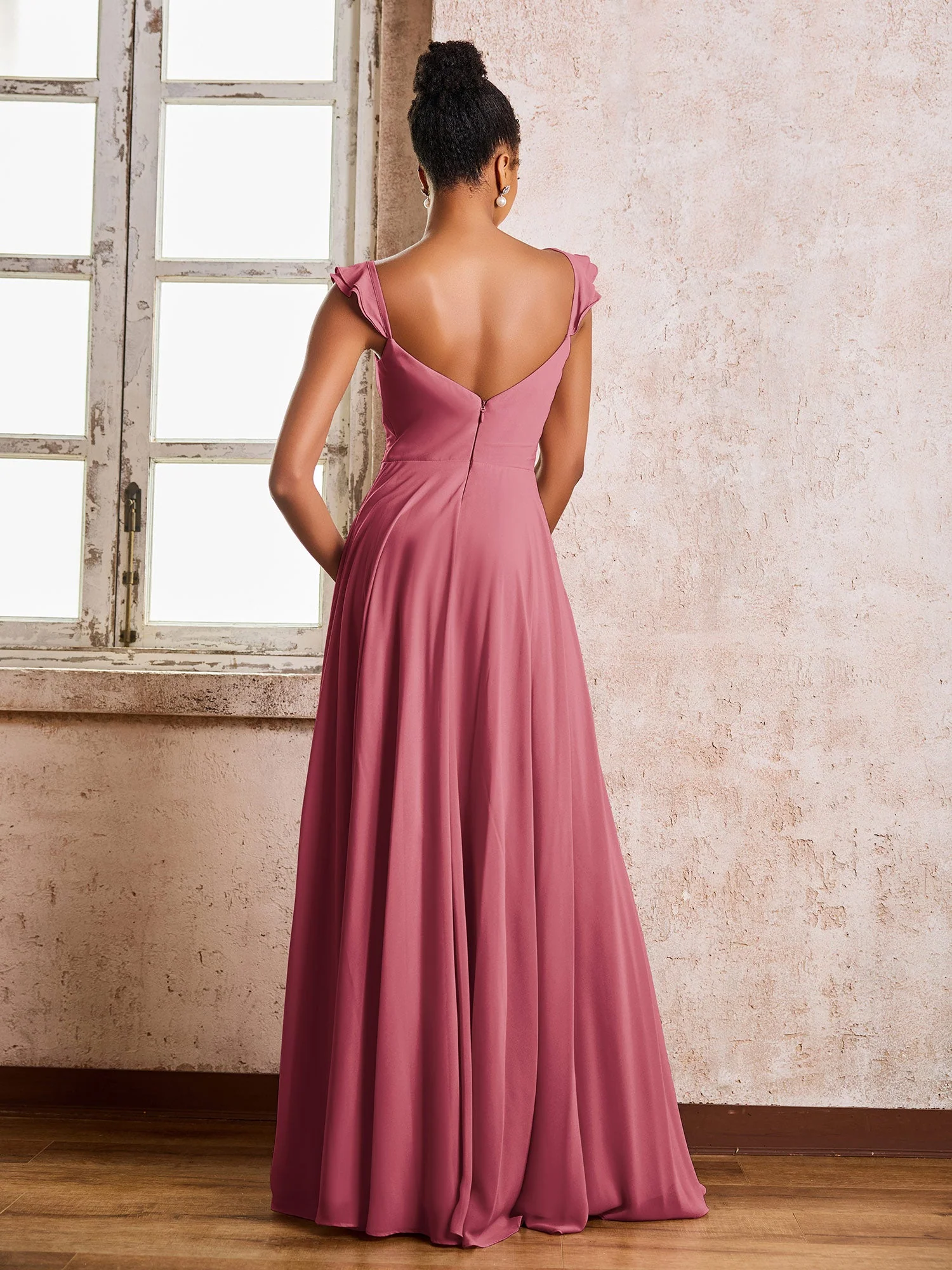 Rüschen Träger Ärmellos A-Linie Chiffon Brautjungfernkleider Zimtrose - Image 2