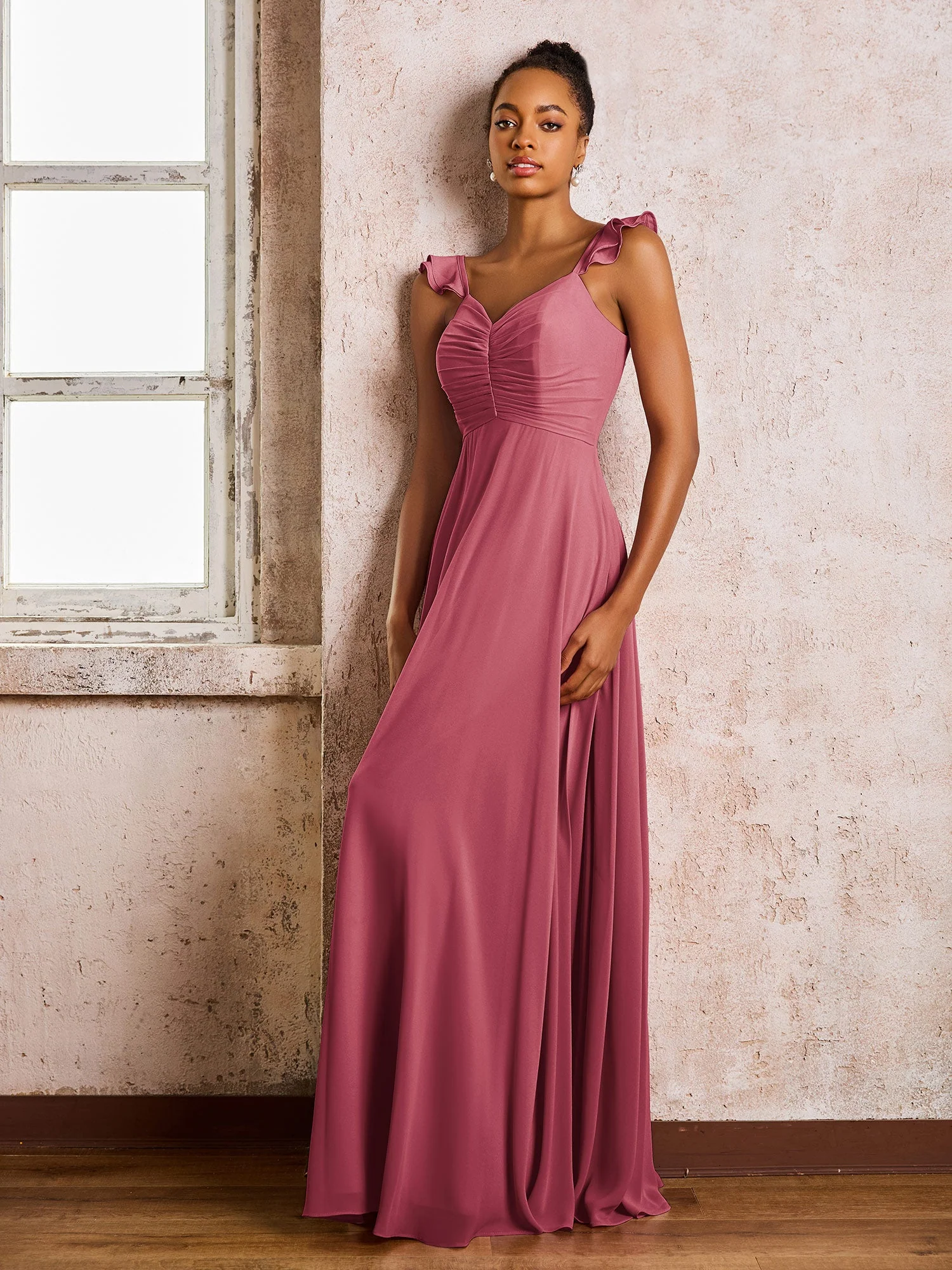 Rüschen Träger Ärmellos A-Linie Chiffon Brautjungfernkleider Zimtrose - Image 3