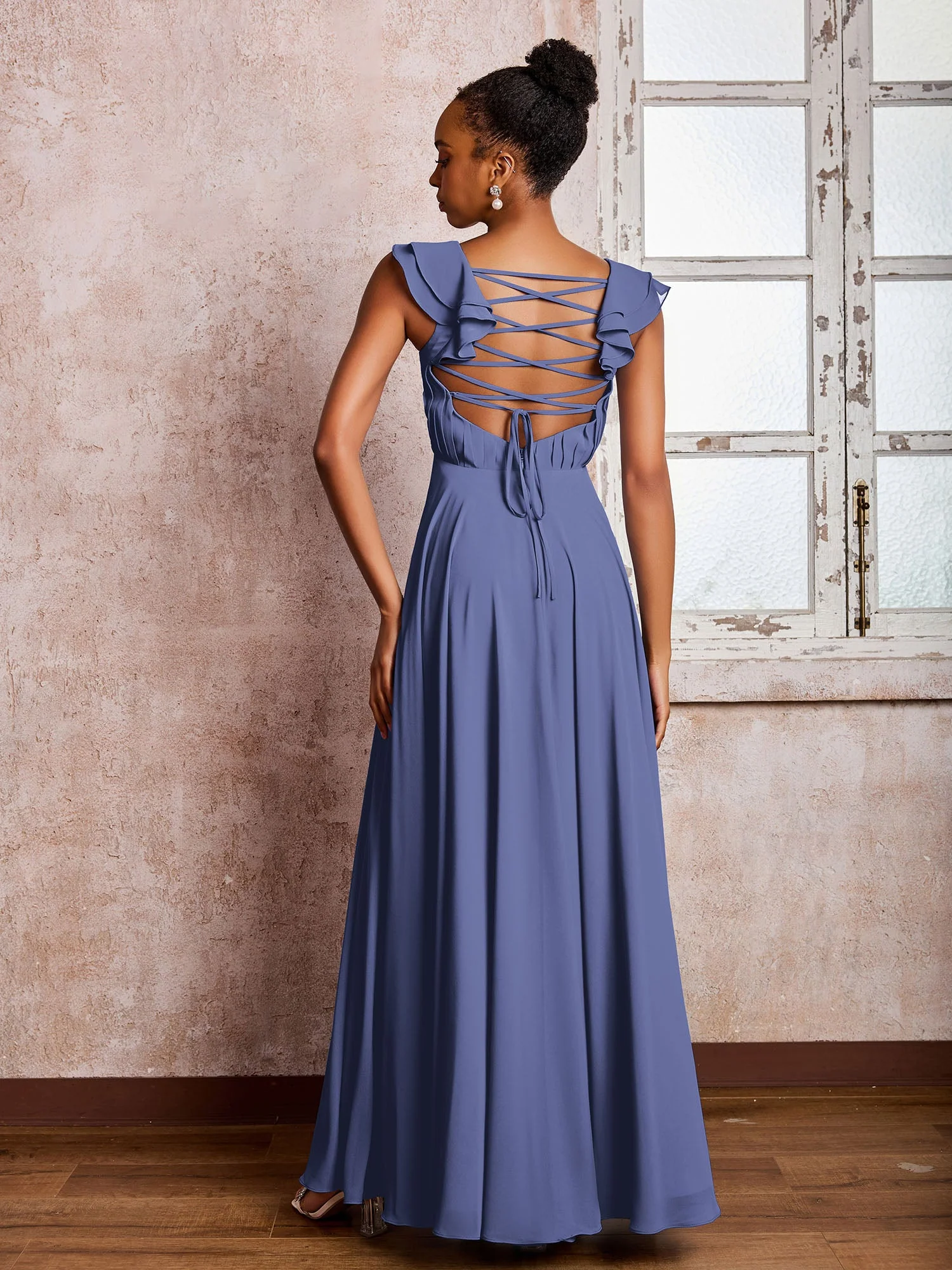 Rüschen Träger Empire-Linie Lang Chiffon Brautjungfernkleider Periwinkleblau - Image 2