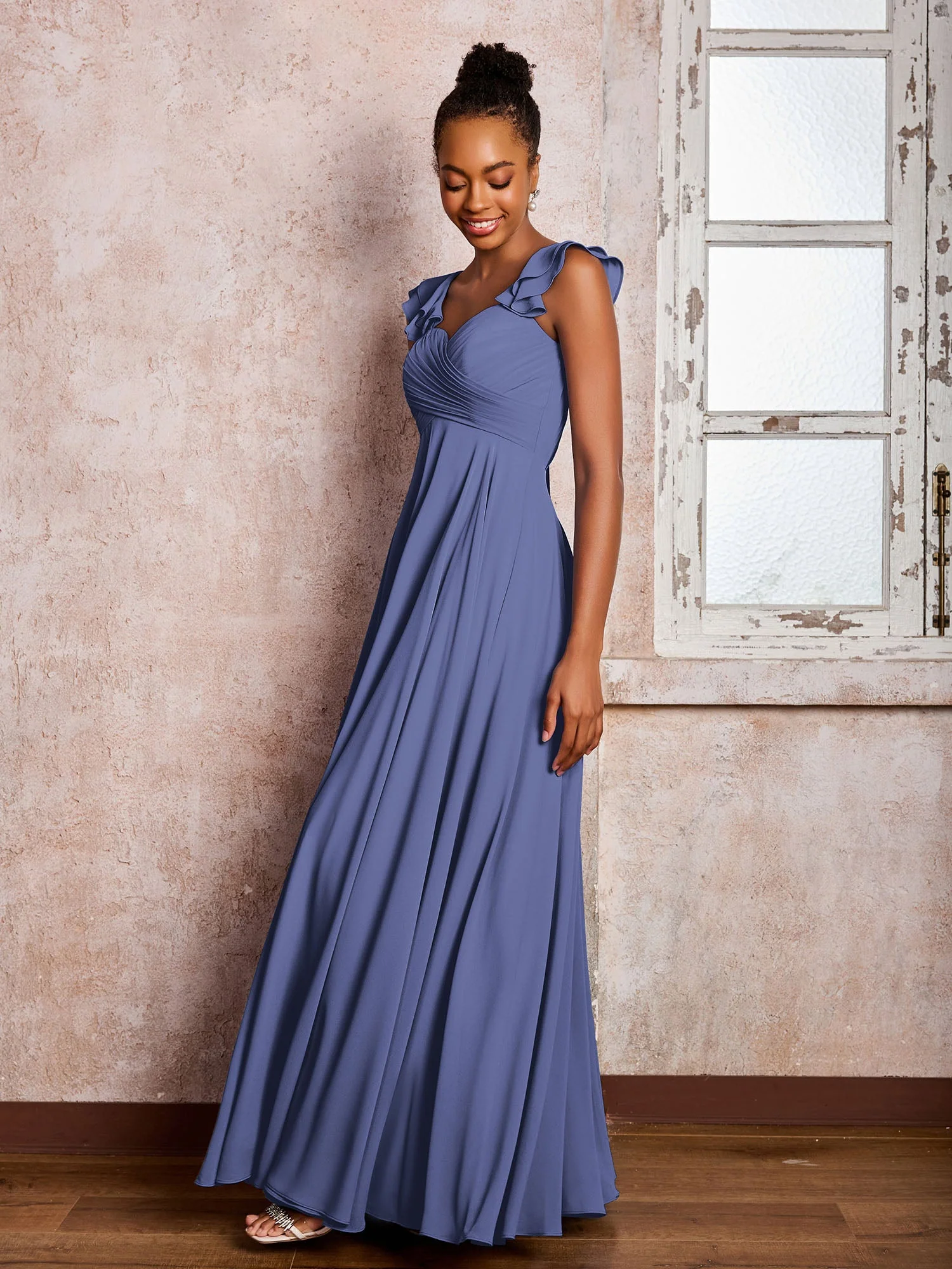 Rüschen Träger Empire-Linie Lang Chiffon Brautjungfernkleider Periwinkleblau - Image 3