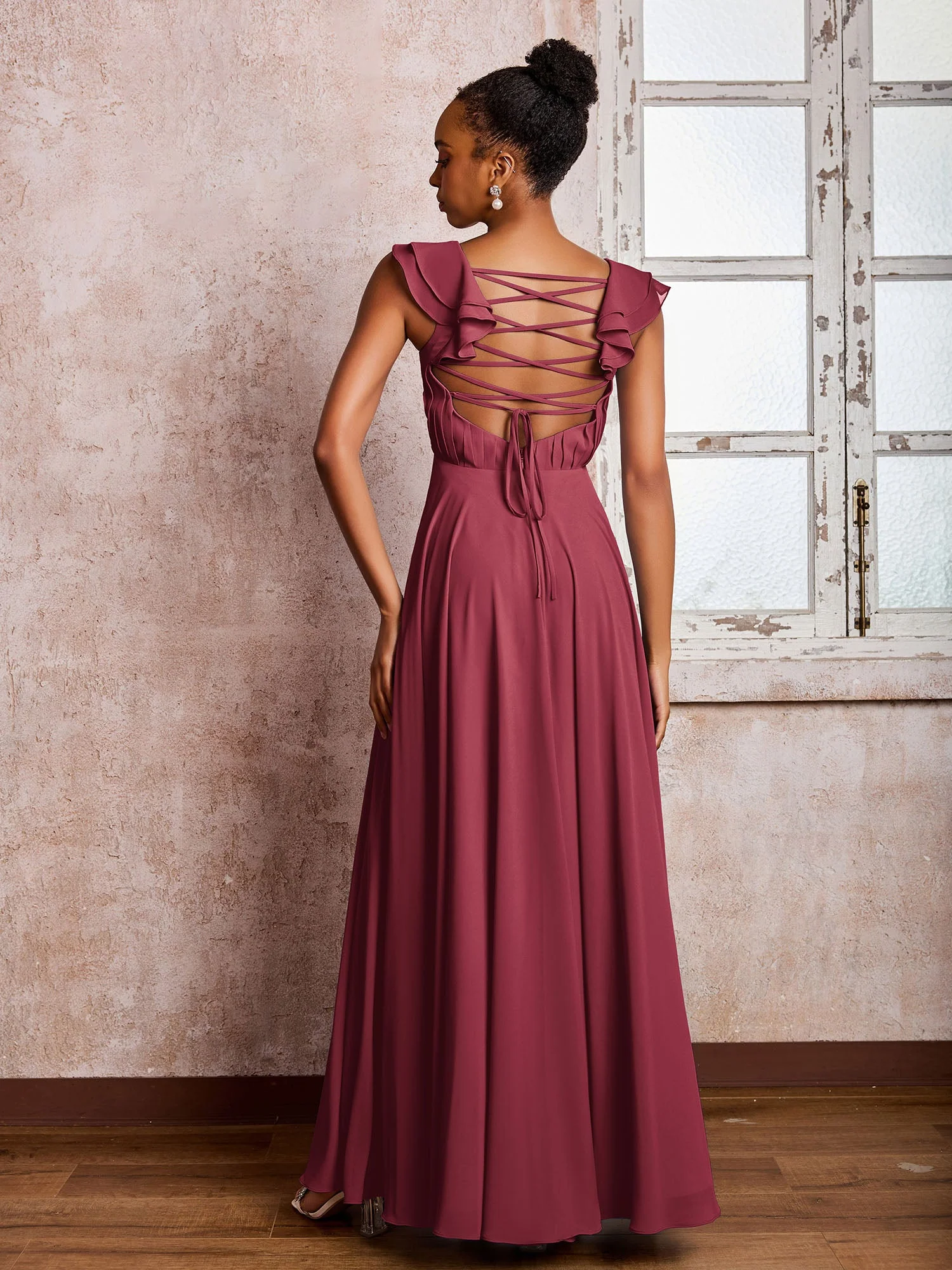 Rüschen Träger Empire-Linie Lang Chiffon Brautjungfernkleider Zimtrose - Image 2