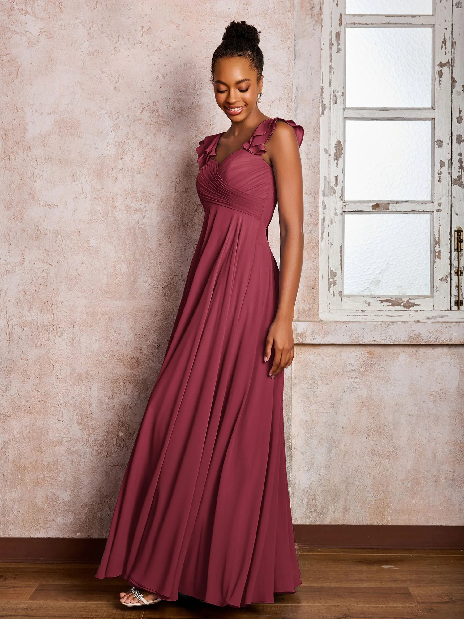 Rüschen Träger Empire-Linie Lang Chiffon Brautjungfernkleider Zimtrose - Image 3