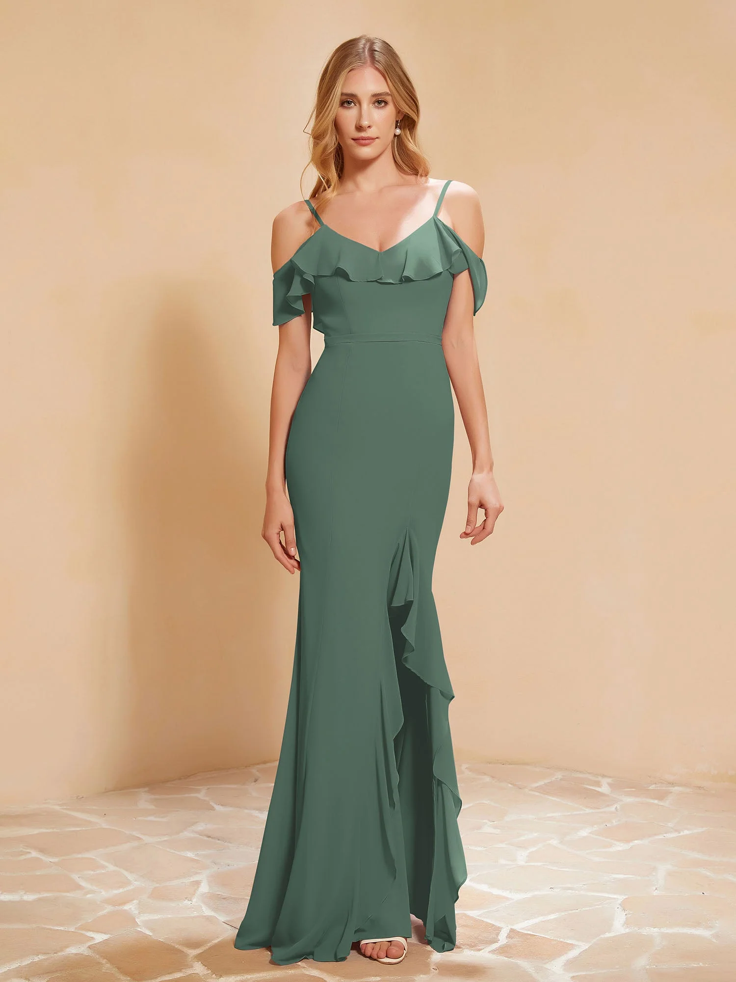 Rüschen V-Ausschnitt Flatterärmel Meerjungfrau Chiffon Kleid Eukalyptus