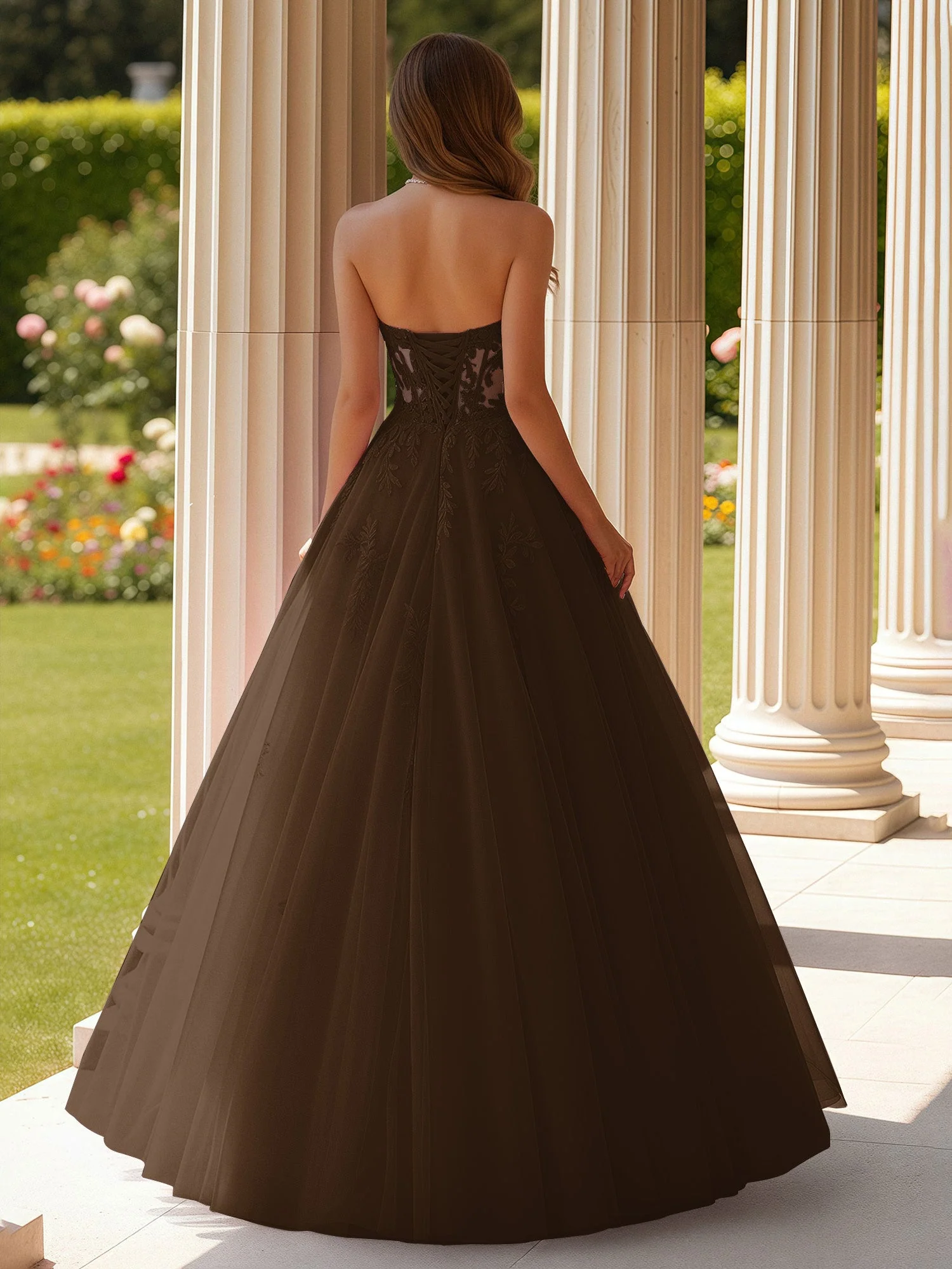 Spitze Herzform Schier Korsett Applique Tüll Kleid Braun - Image 2
