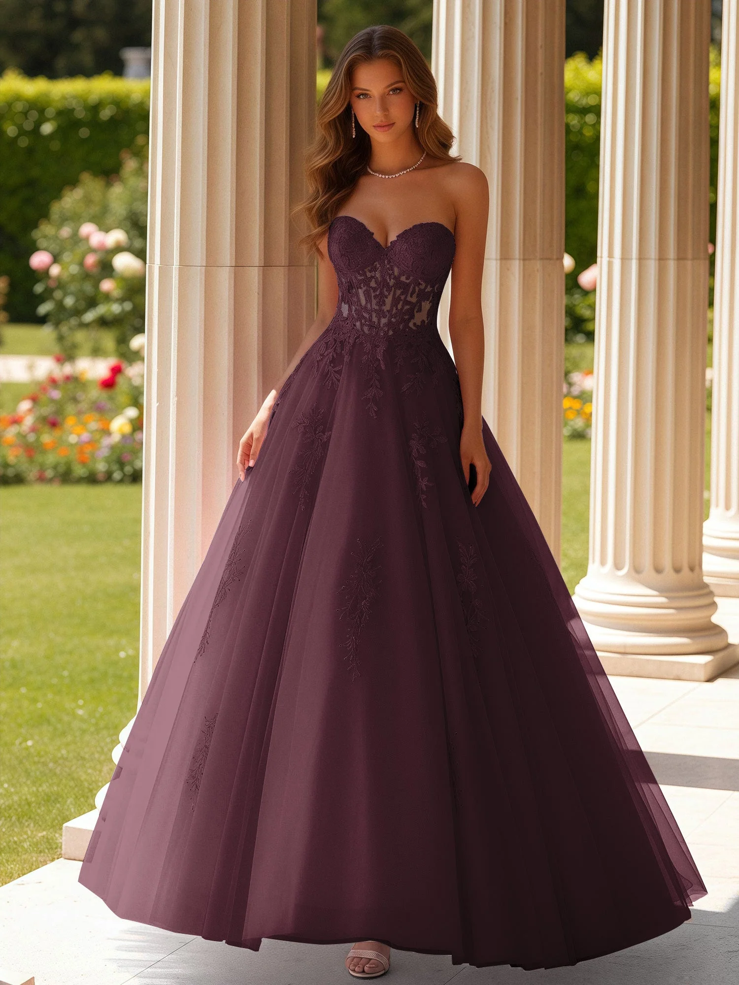 Spitze Herzform Schier Korsett Applique Tüll Kleid Cabernet