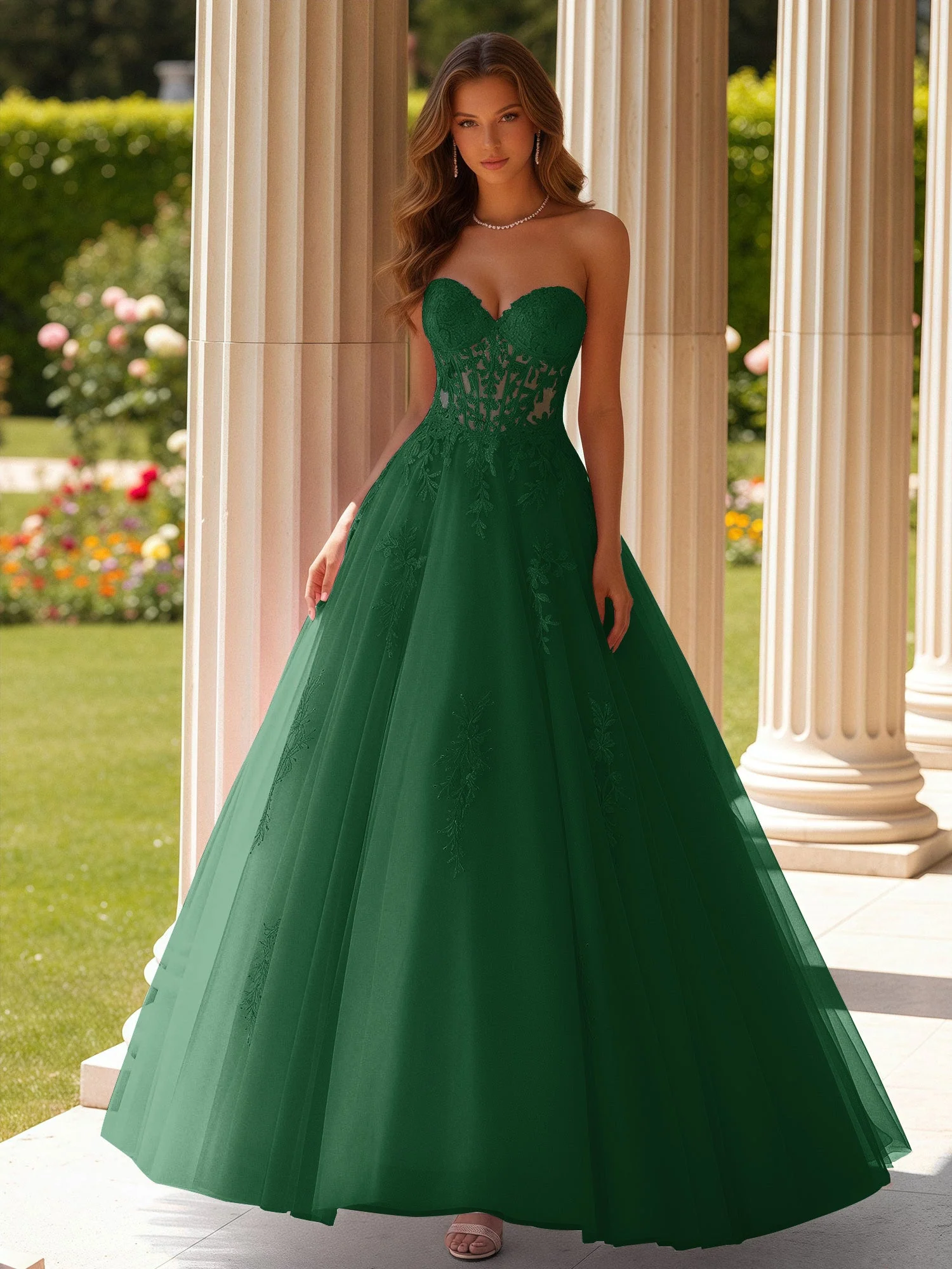 Spitze Herzform Schier Korsett Applique Tüll Kleid Dunkelgrün