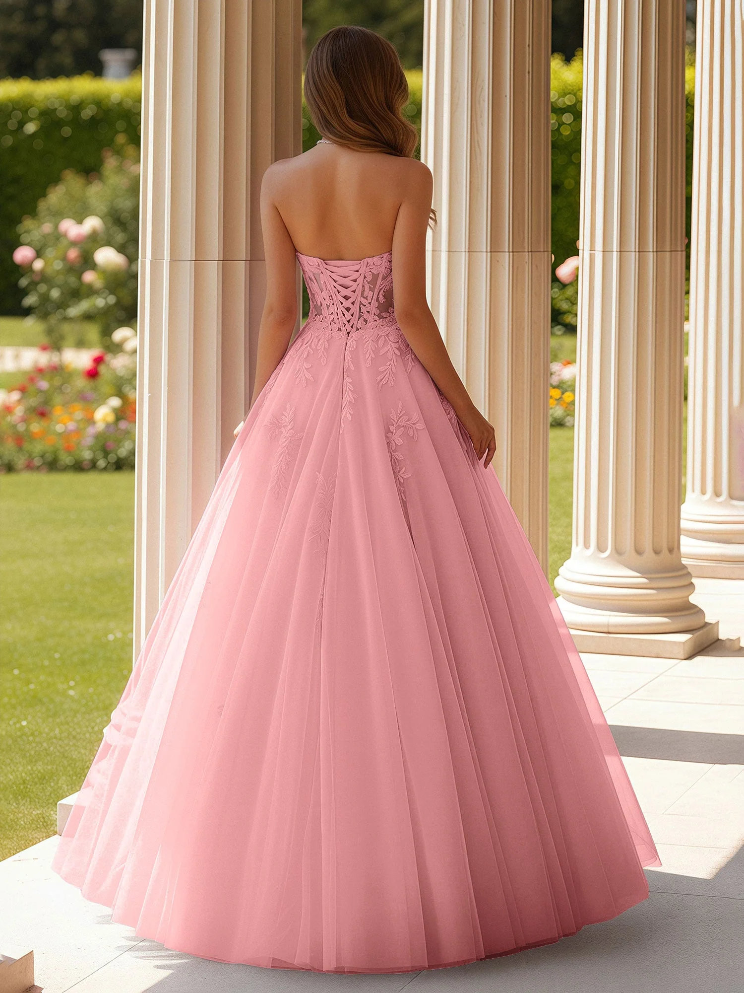 Spitze Herzform Schier Korsett Applique Tüll Kleid Flamingo - Image 2