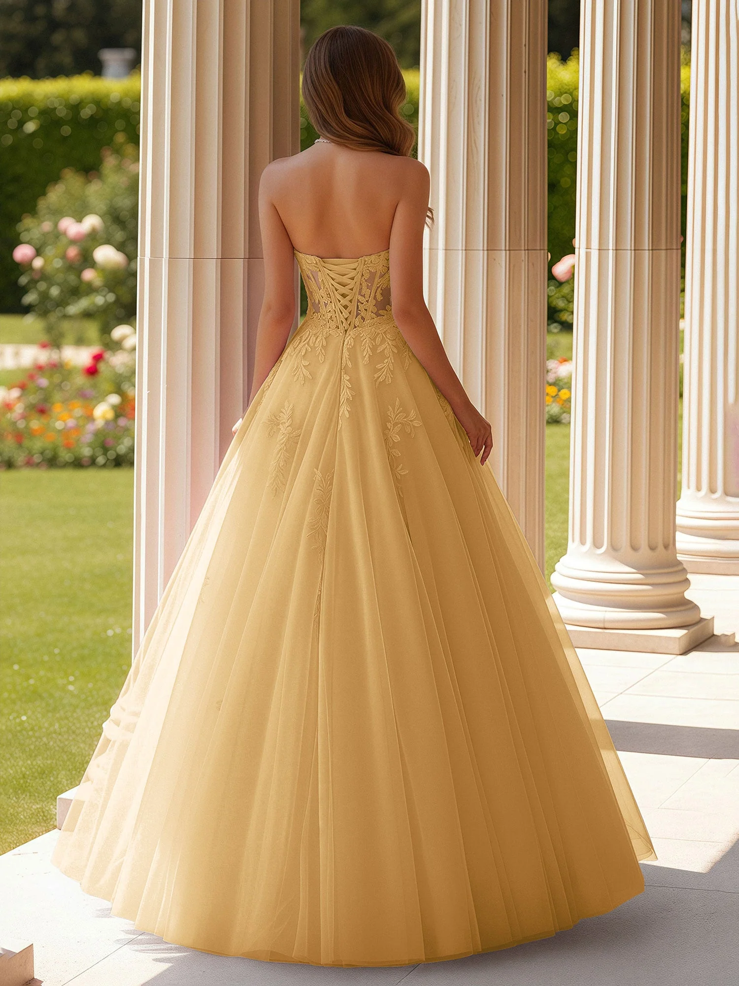 Spitze Herzform Schier Korsett Applique Tüll Kleid Gold - Image 2
