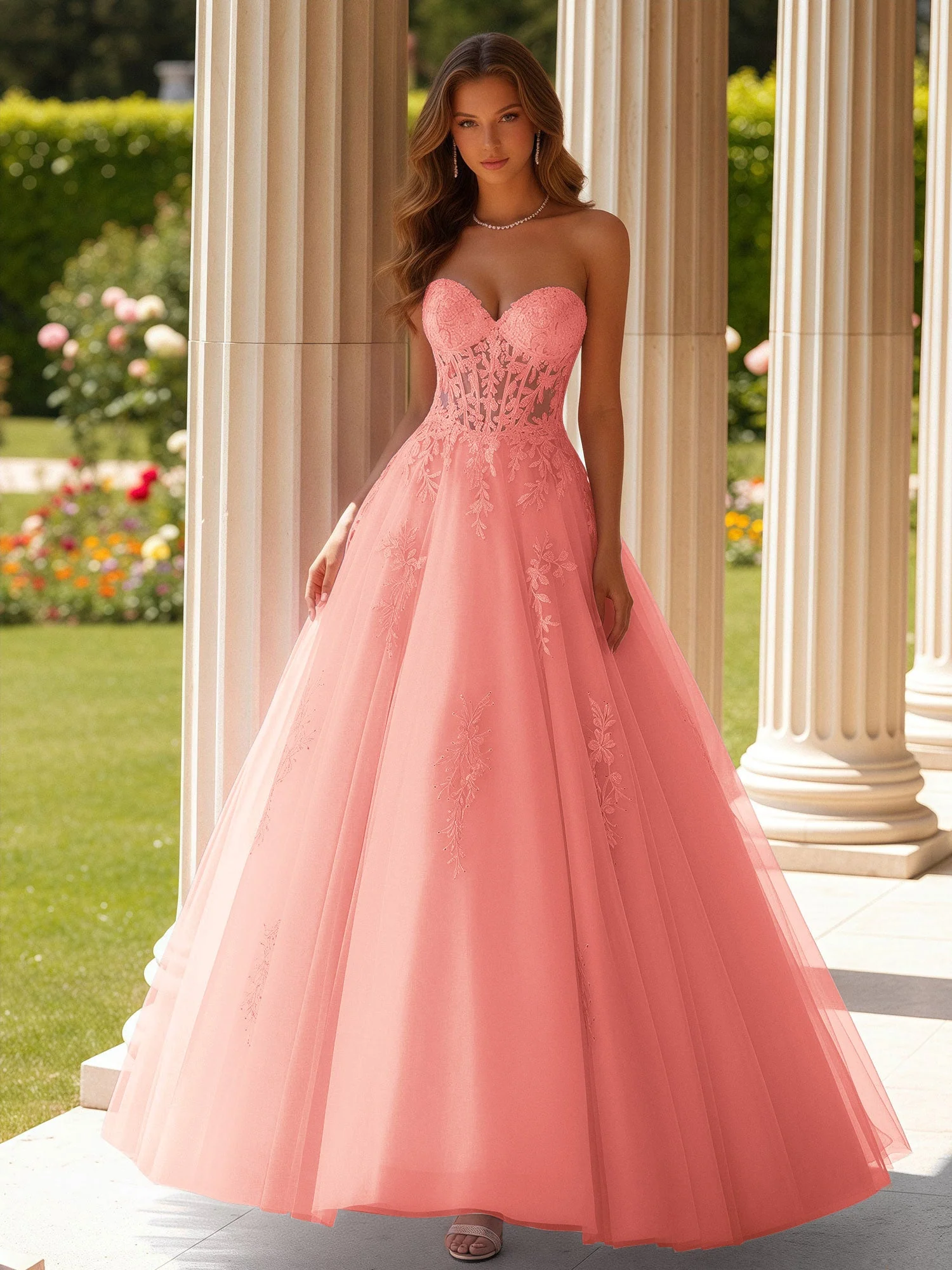 Spitze Herzform Schier Korsett Applique Tüll Kleid Koralle