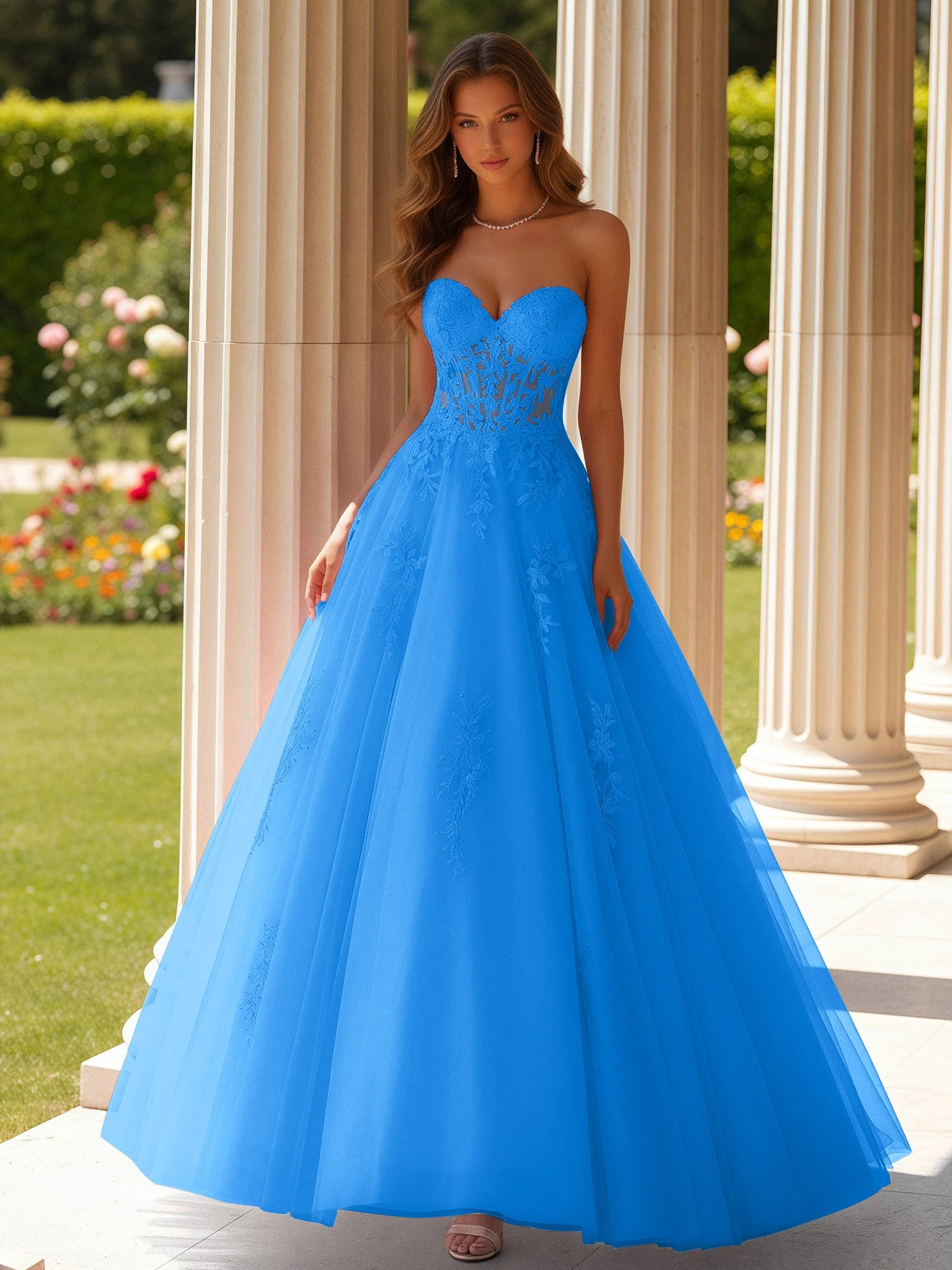 Spitze Herzform Schier Korsett Applique Tüll Kleid Meerblau